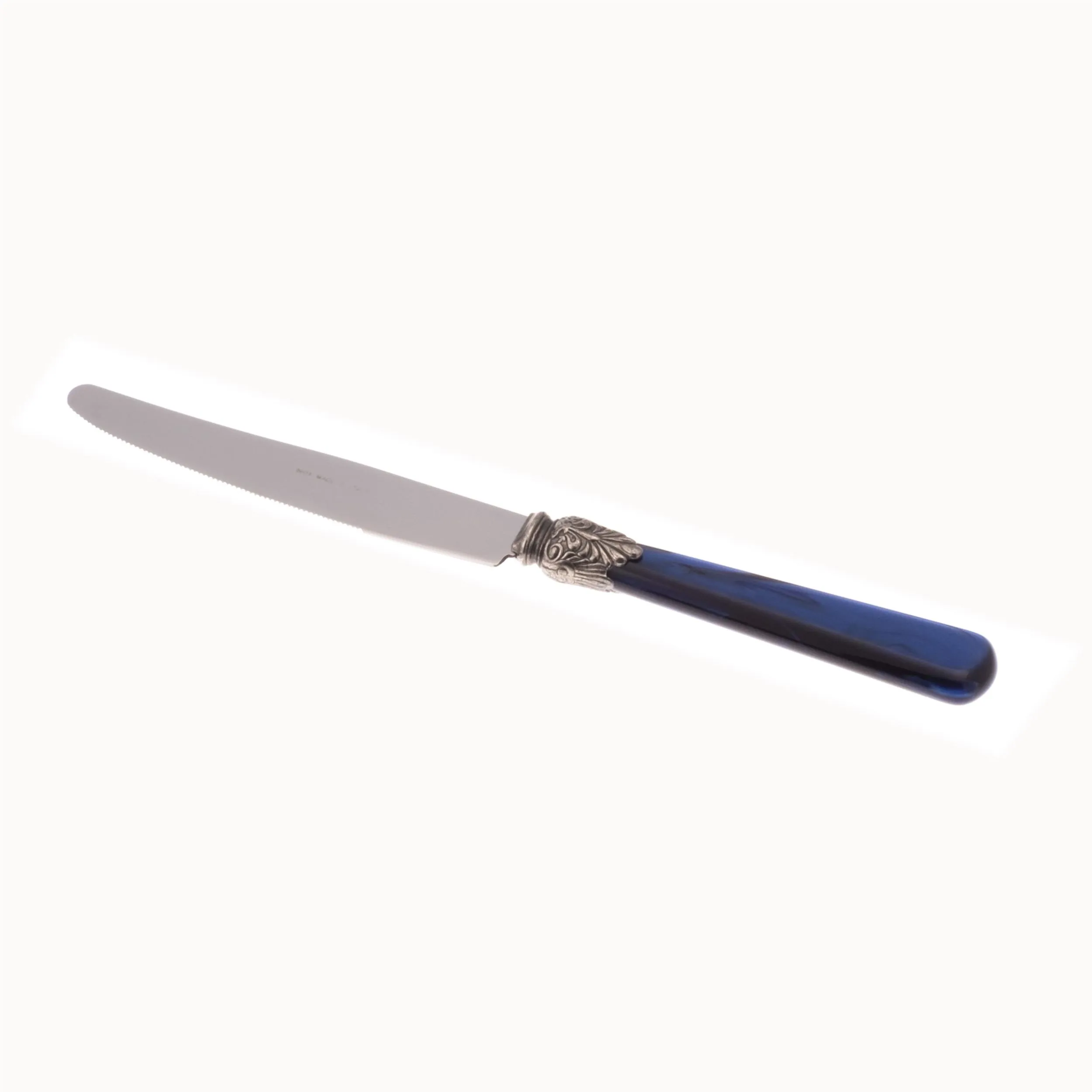 Coltello tavola ELENA Set di 6 Coltelli tavola in acciaio 18.10 AISI430 Lunghezza26 cm, manico in Polimetilmetacrilato PMMA con ghiera metallica lavabile in lavastoviglie ,Blu