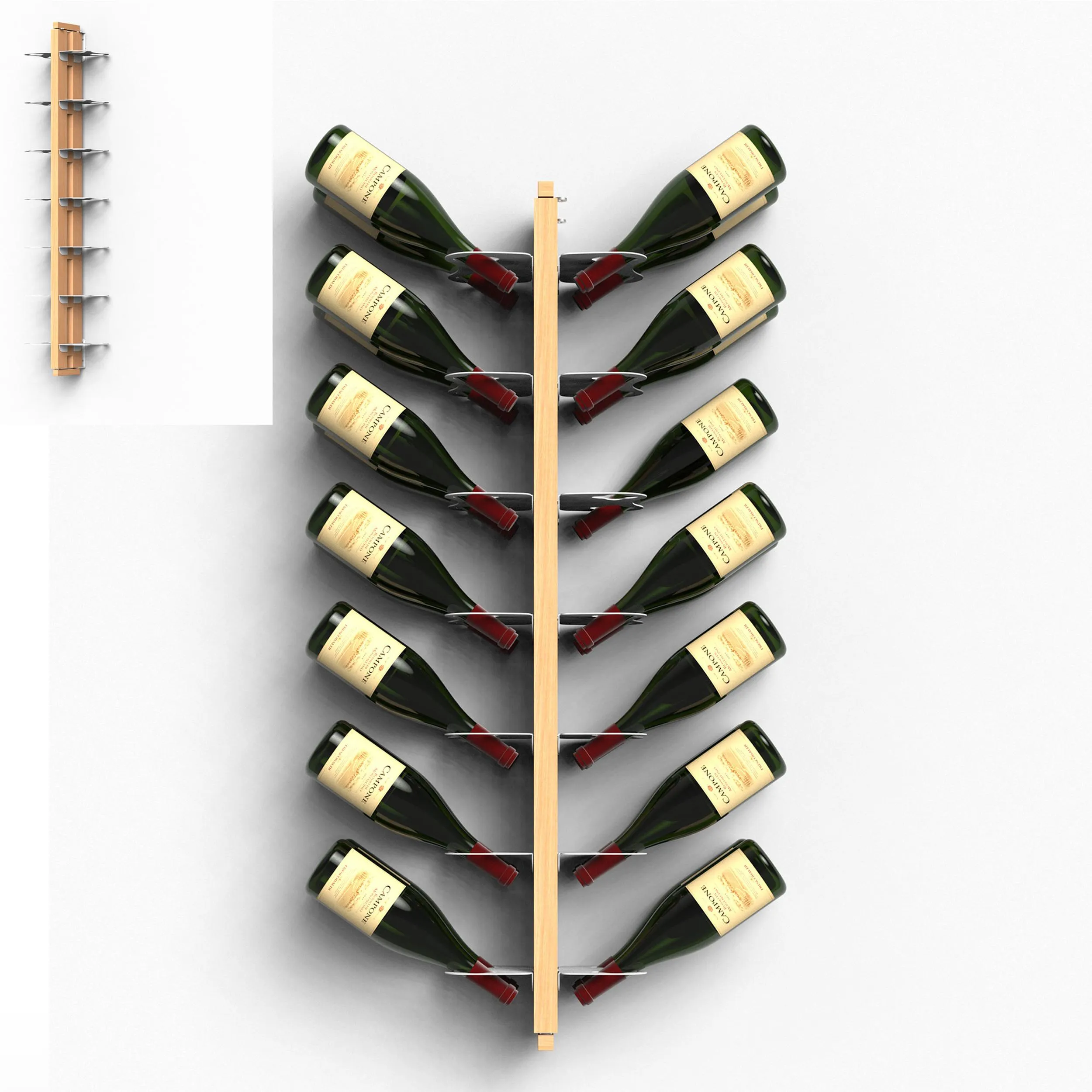 Porta Bottiglie di Vino Sospesa Bifacciale fissaggio a muro 20x26xh 110 cm con struttura in legno massello di faggio evaporato colore naturale. Mensole in acciaio smaltato