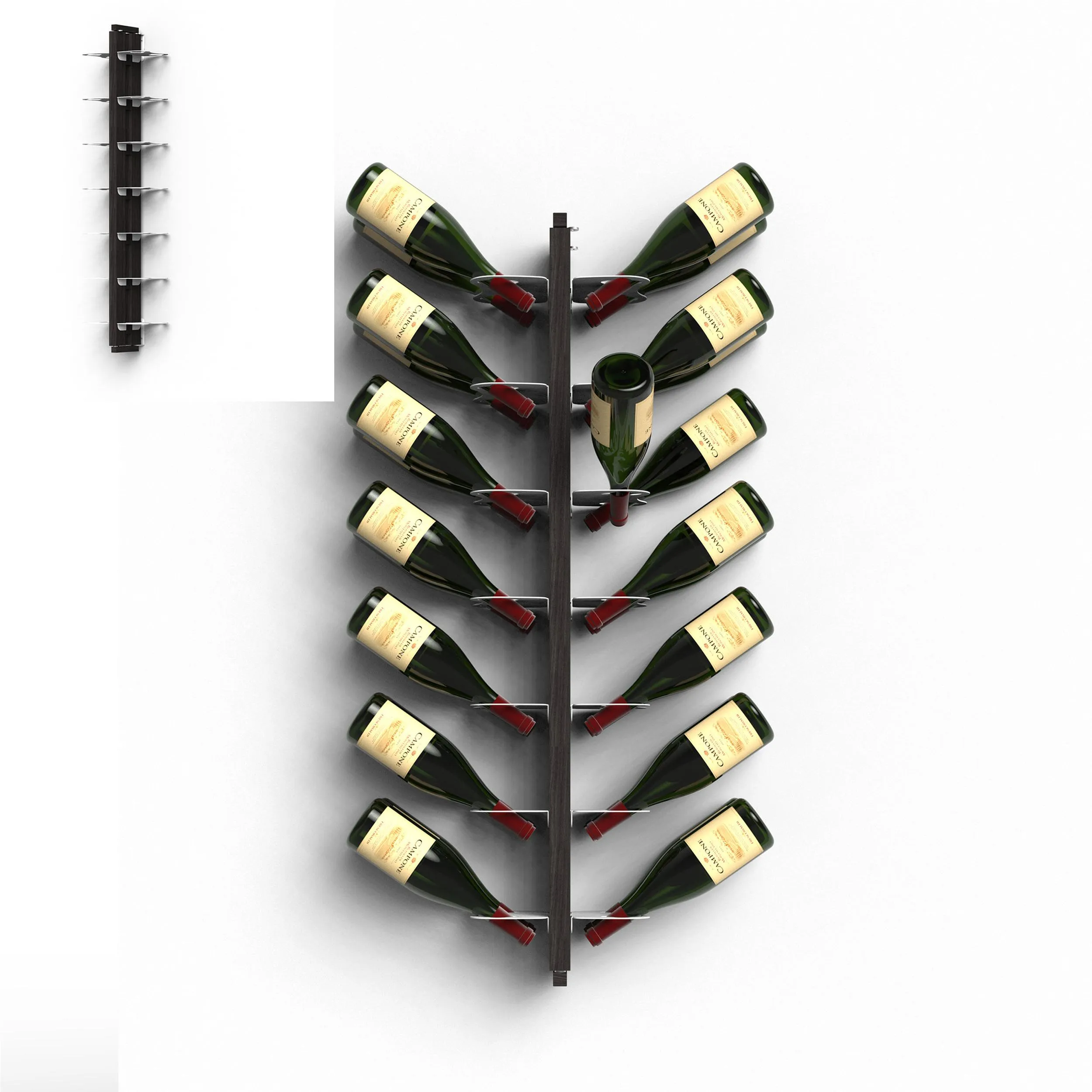 Porta Bottiglie di Vino Sospesa Bifacciale fissaggio a muro 20x26xh 110 cm - 28 Bottiglie con struttura in legno massello di faggio evaporato colore NERO. Mensole in acciaio smaltato