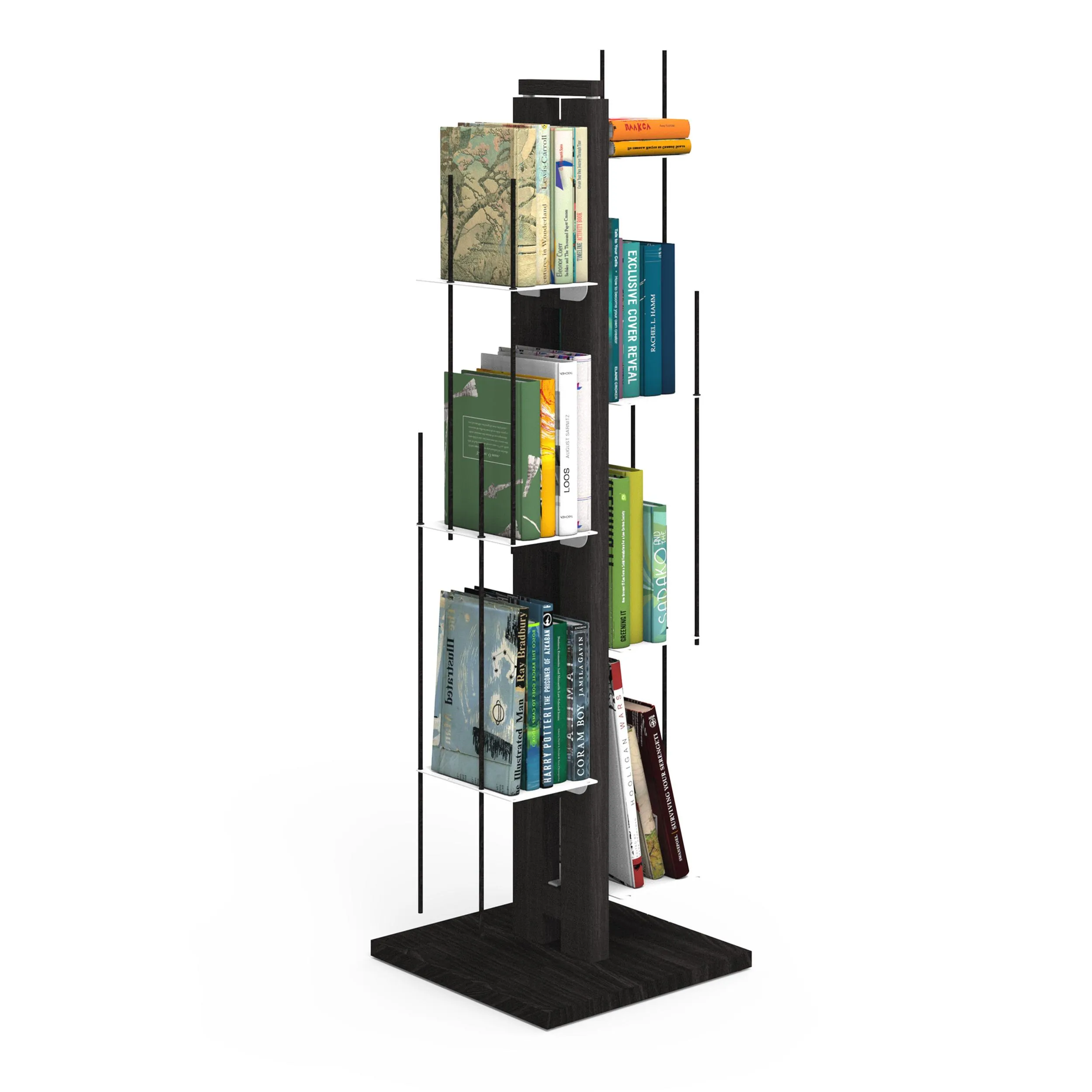 Libreria verticale a colonna ZIA VERONICA con struttura 34x34xh 105 cm e bacchette in legno massello di faggio evaporato colore NERO. Mensole in acciaio smaltato