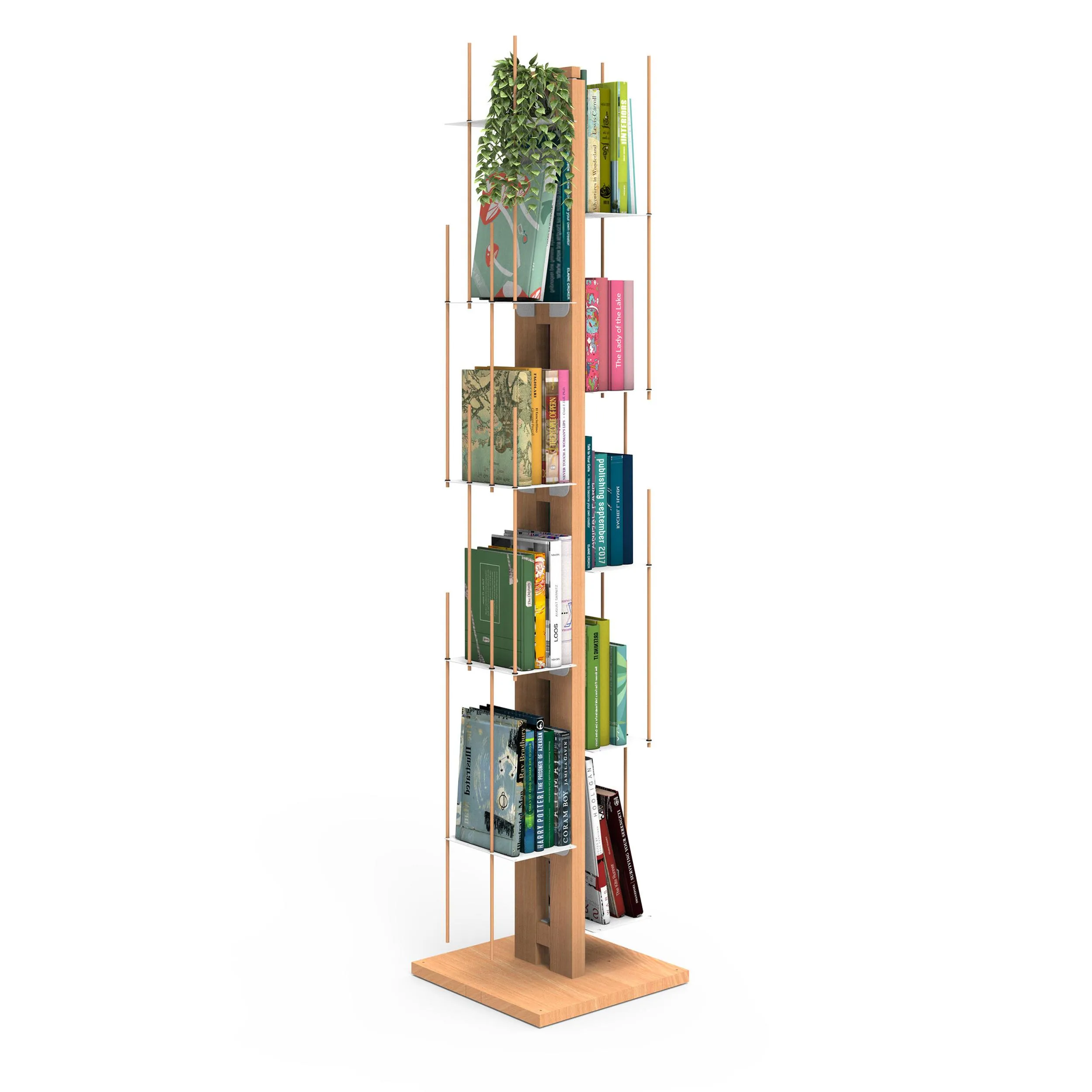 Libreria verticale a colonna ZIA VERONICA 34x34xh 150 cm con struttura e bacchette in legno massello di faggio evaporato colore naturale. Mensole in acciaio smaltato