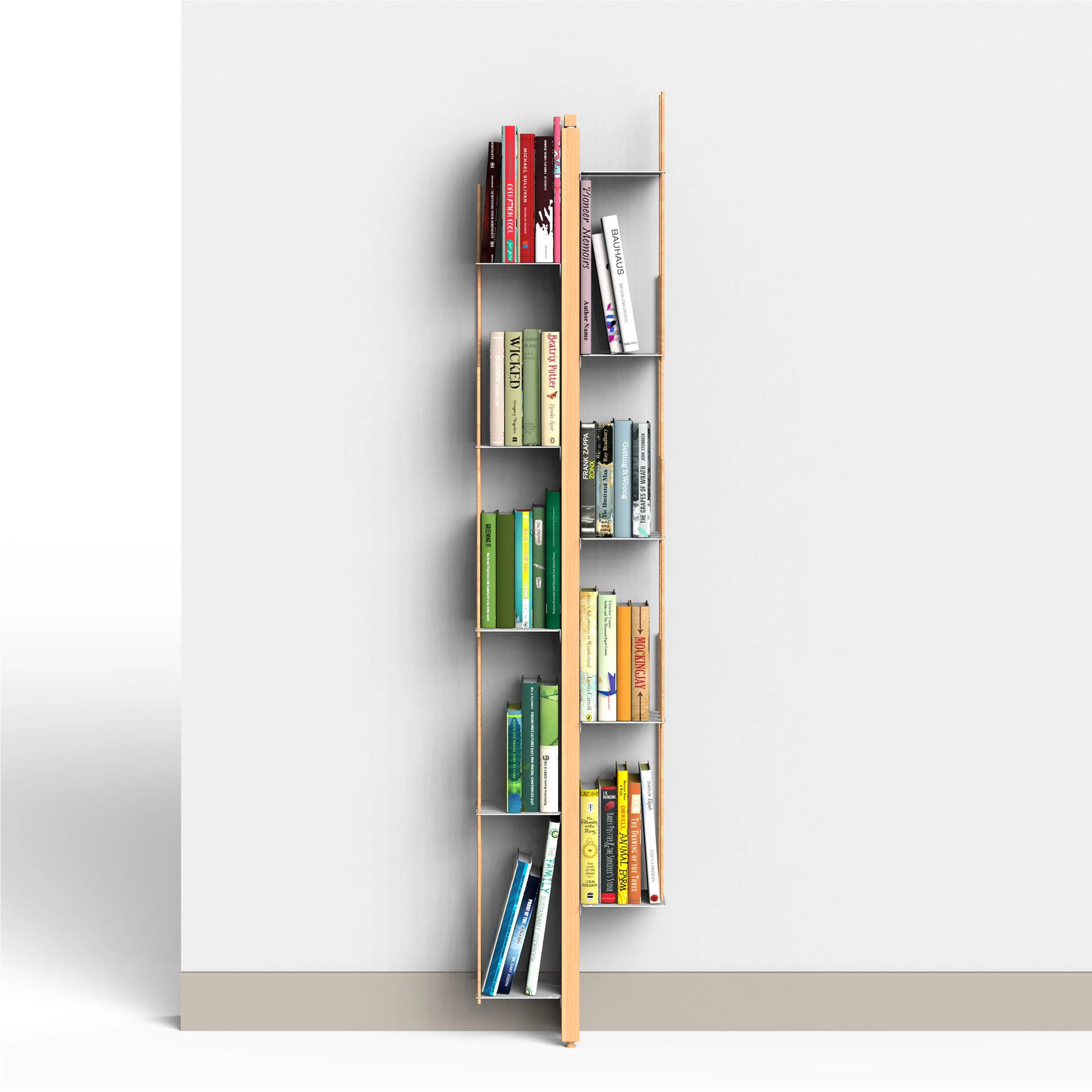 Libreria verticale Fissaggio a PARETE ZIA VERONICA 20x32xh 155 cm con struttura e bacchette in legno massello di faggio evaporato colore naturale. Mensole in acciaio smaltato