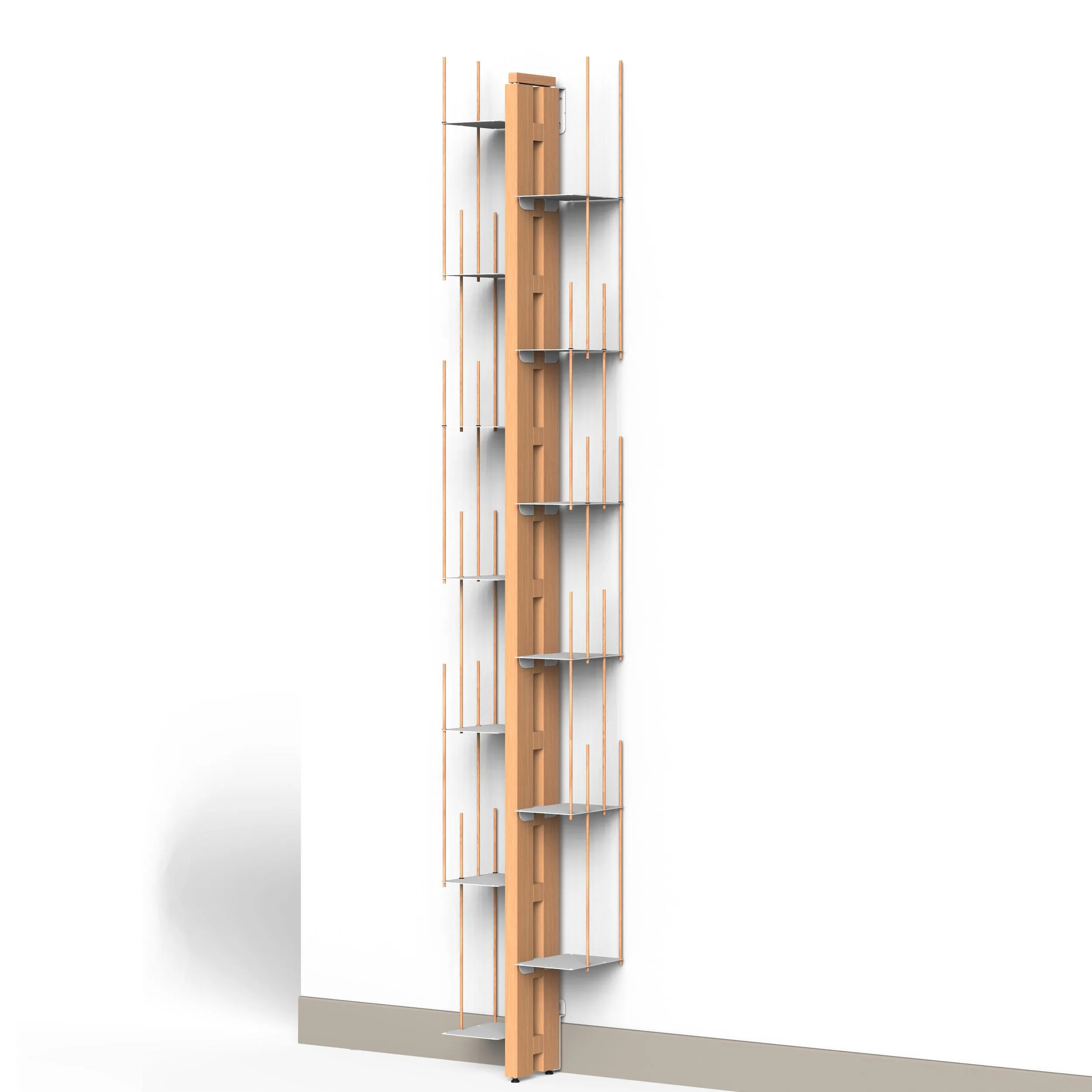 Libreria verticale Fissaggio a PARETE ZIA VERONICA 20x32xh 200 cm con struttura e bacchette in legno massello di faggio evaporato colore naturale. Mensole in acciaio smaltato