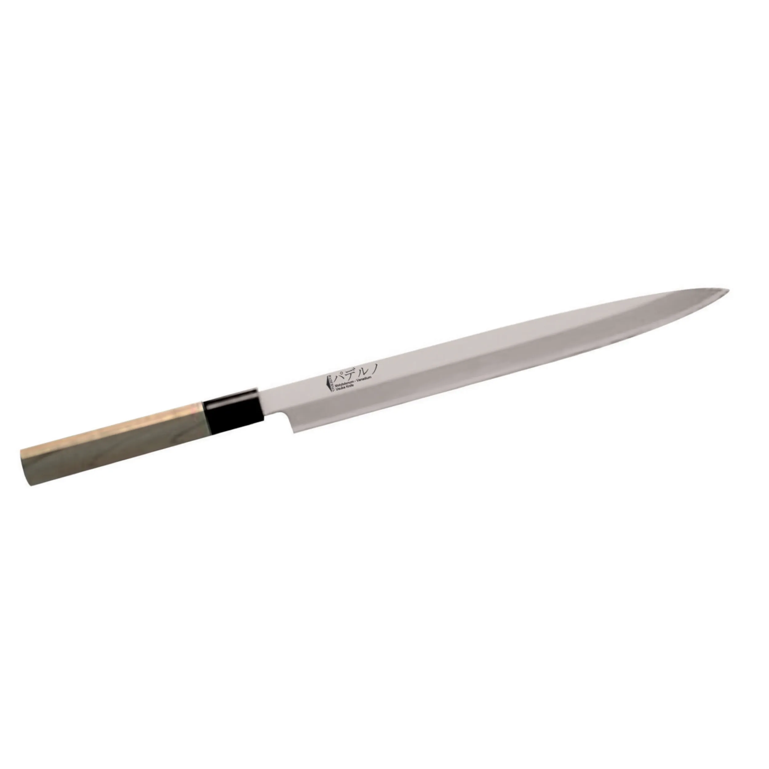 Coltello Orientale Yanagi in ACCIAIO INOX X45CRMOV15 Cm30, peso 0,36 kg per la preparazione di sushi e verdure manico in legno