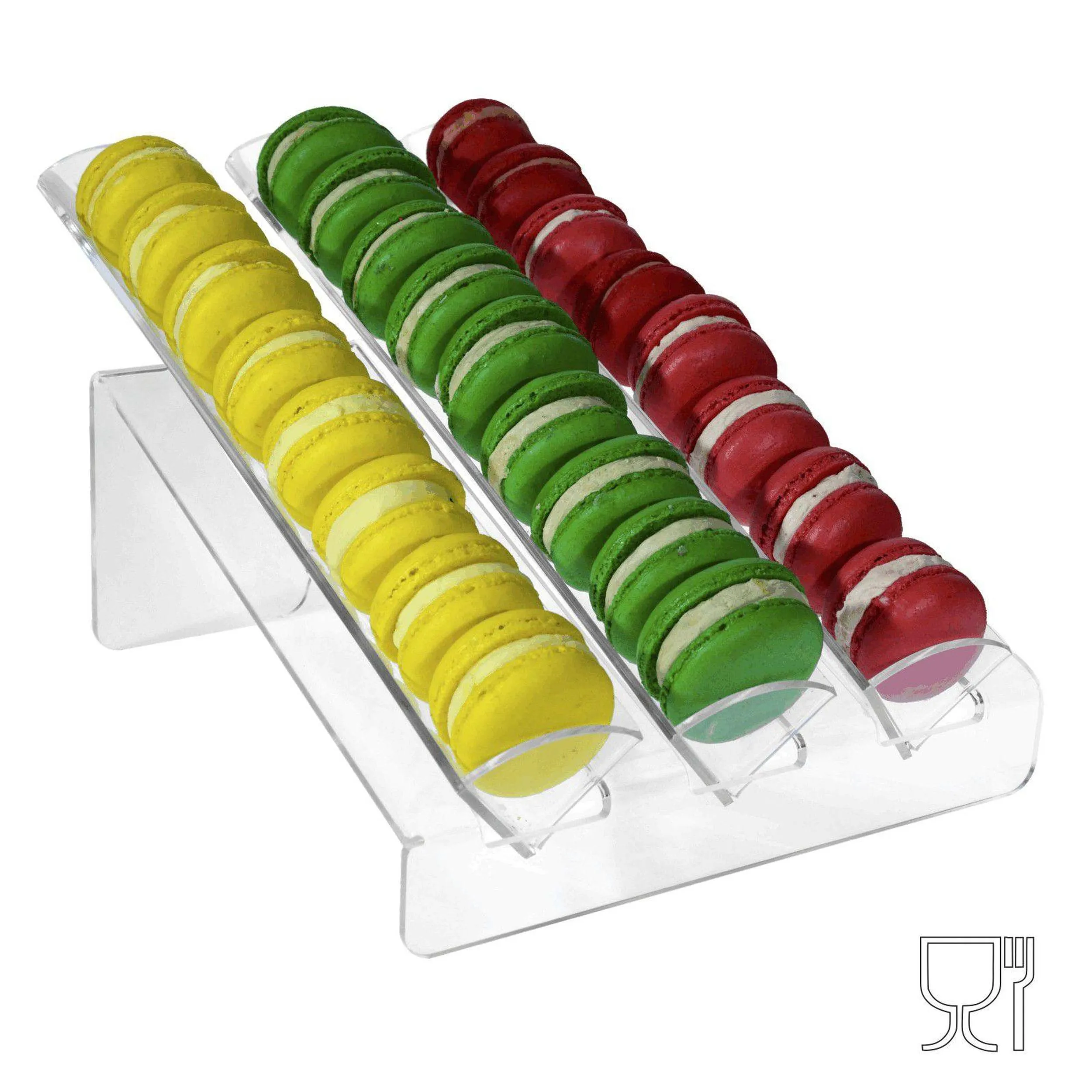 Porta macarons in plexiglass trasparente a 3 file - Ingombro massimo 23x33xH16 cm per macarons 45 mm