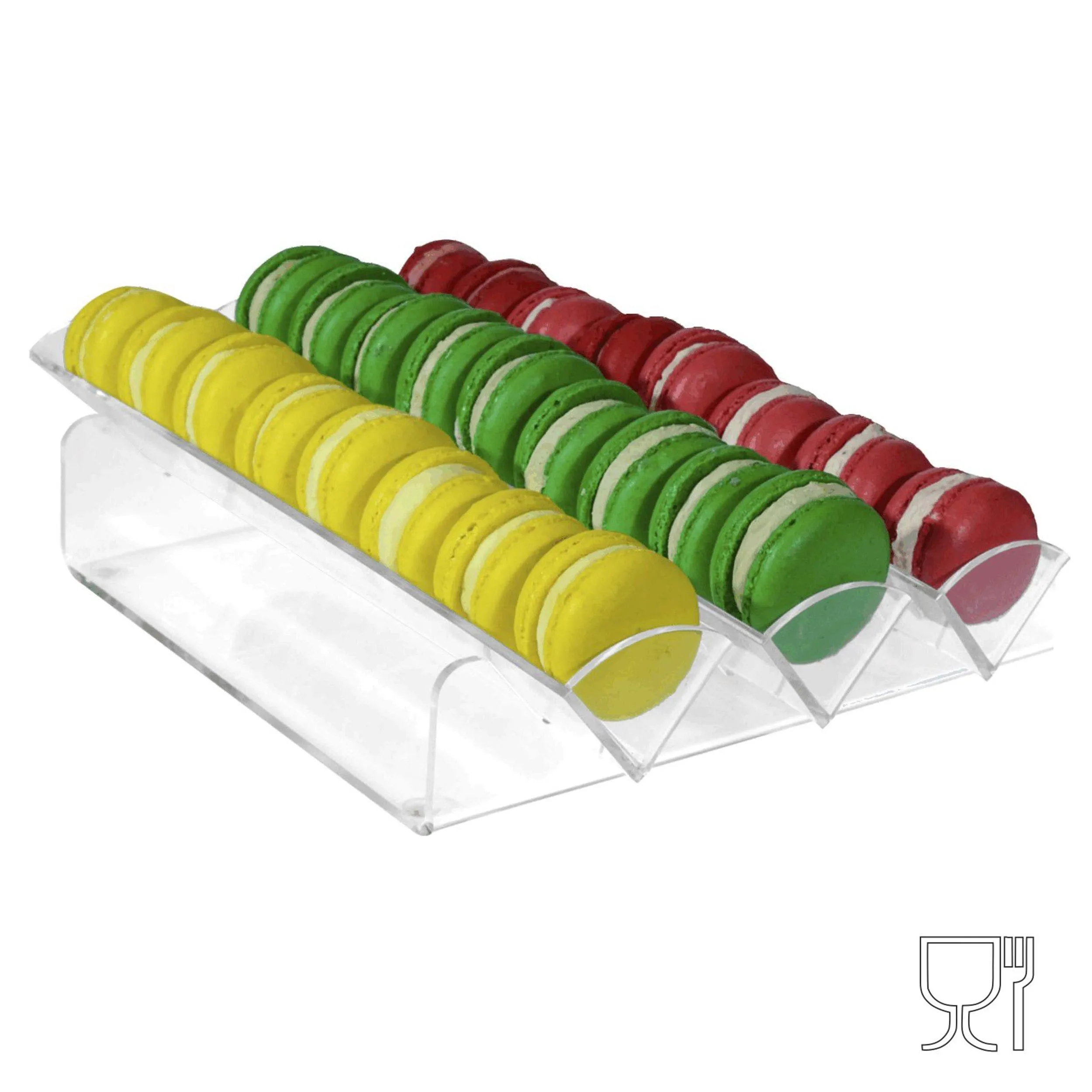 Porta Macarons in plexiglass trasparente a 3 file POM A - Ingombro massimo 23x33xH8 cm per Macaron 45 cm