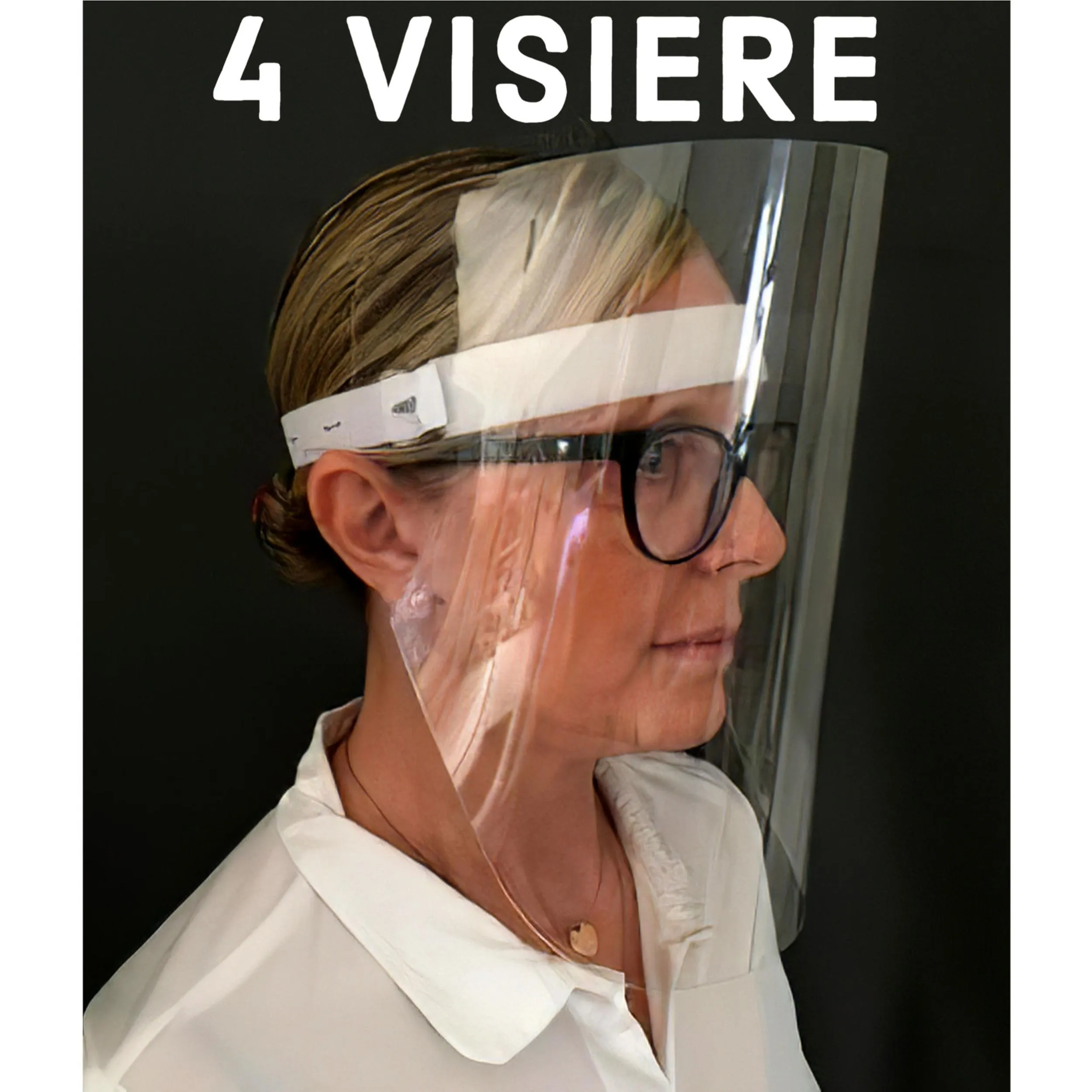 Visiere protettive Set 4 Pezzi in PETG individuale sterilizzabile e riutilizzabile, altezza 30 cm visiera fissa da montare colore trasparente Made In Italy