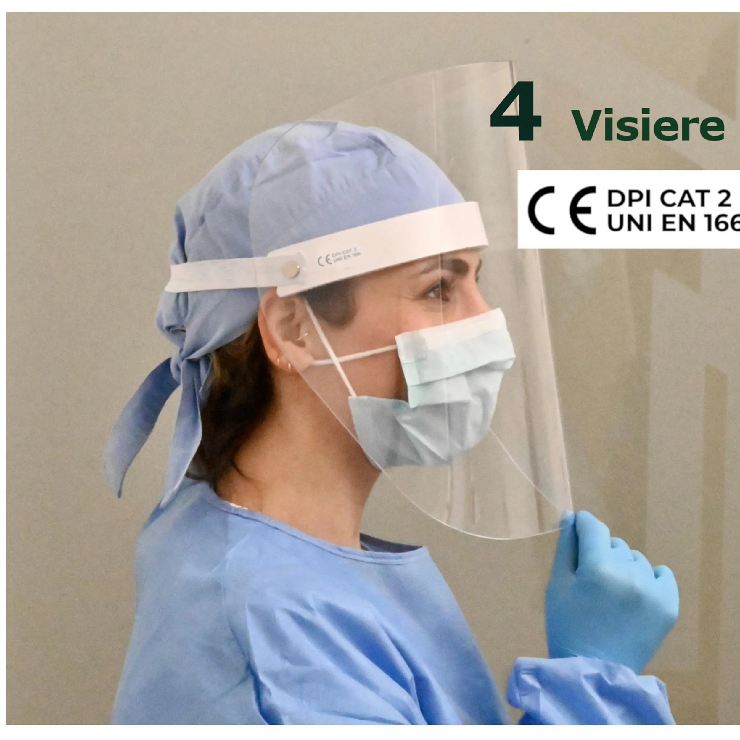 Visiere protettiva in PETG 4 pezzi individuale sterilizzabile e riutilizzabile, Certificate DPI Classe 2 altezza 31 cm visiera apribile a 90 gradi colore trasparente Made In Italy consegna 24-48 ore