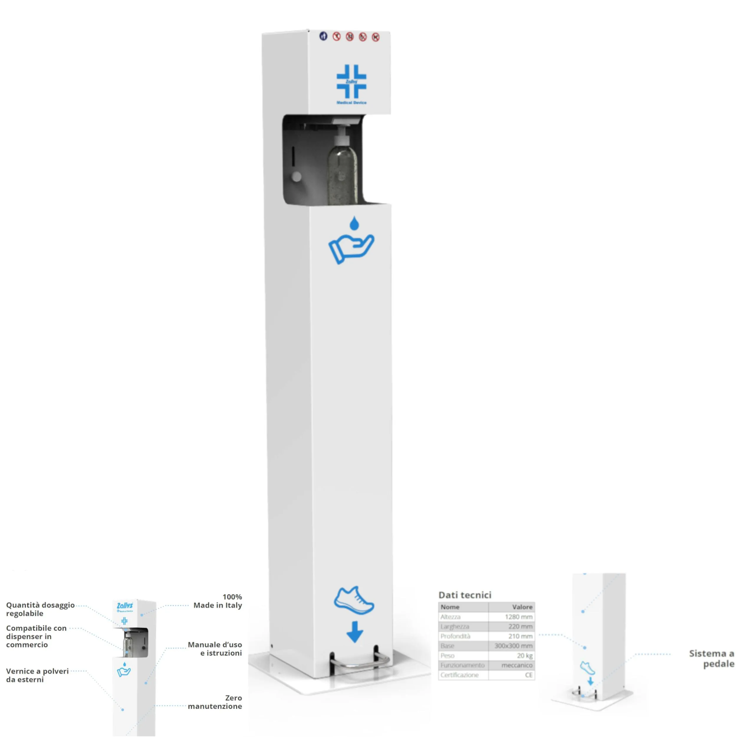 Colonnina Piantana, igienizzante mani a pedale 22x21xh1280 cm - 20 kg certificata CE per farmacie , per tabacchi ed attività commerciali c