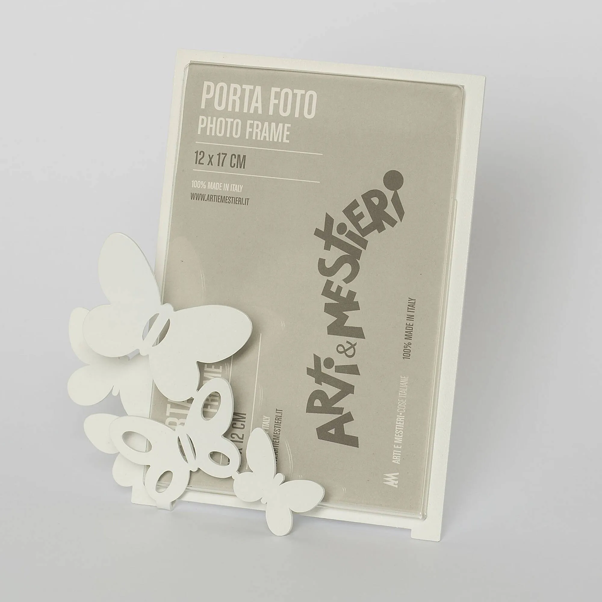 Porta foto Farfalle in metallo verniciato, per foto 9,5xh12,5 cm - Dimensione Porta foto 12xh13 cm colore Bianco Neve