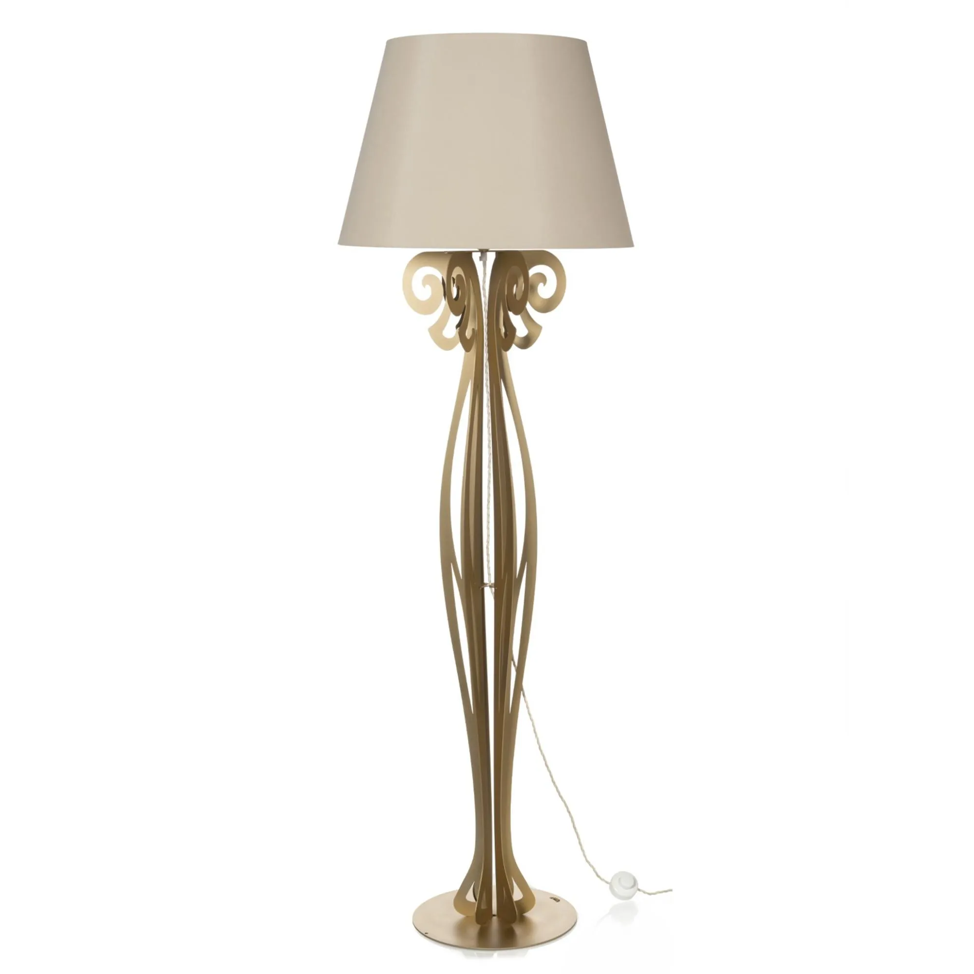 Lampada da terra raffinata CIRCEO in metallo, dimensioni 60x h 180 cm, forma di reticolato, simile a una classica piantana colore oro con paralume colore Sabbia