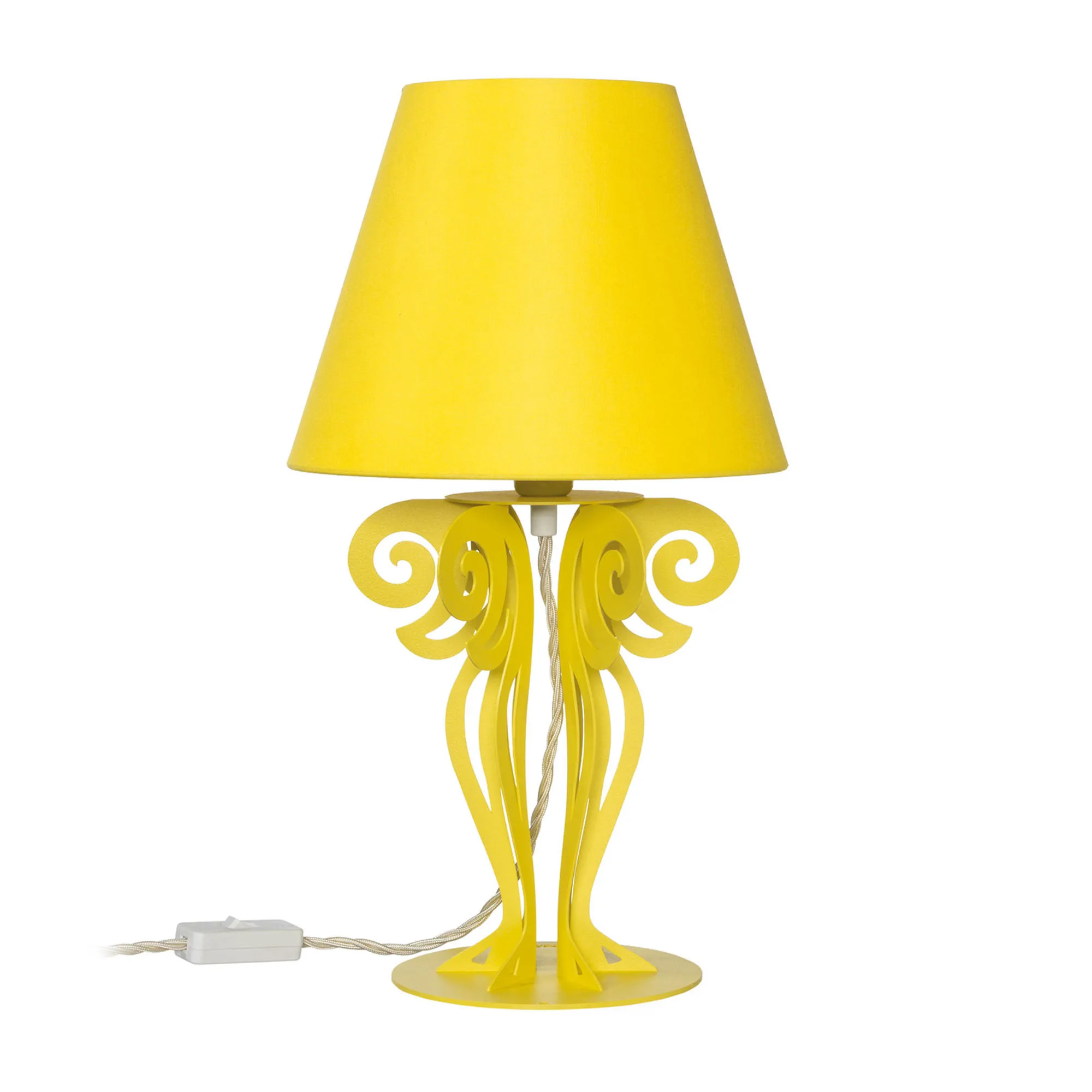 Piccola lampada da tavolo Struttura in Ferro con paralume CIRCEO Dimensione 24x h 40 cm base tornita in modo lamellare colore Giallo Paralume giallo