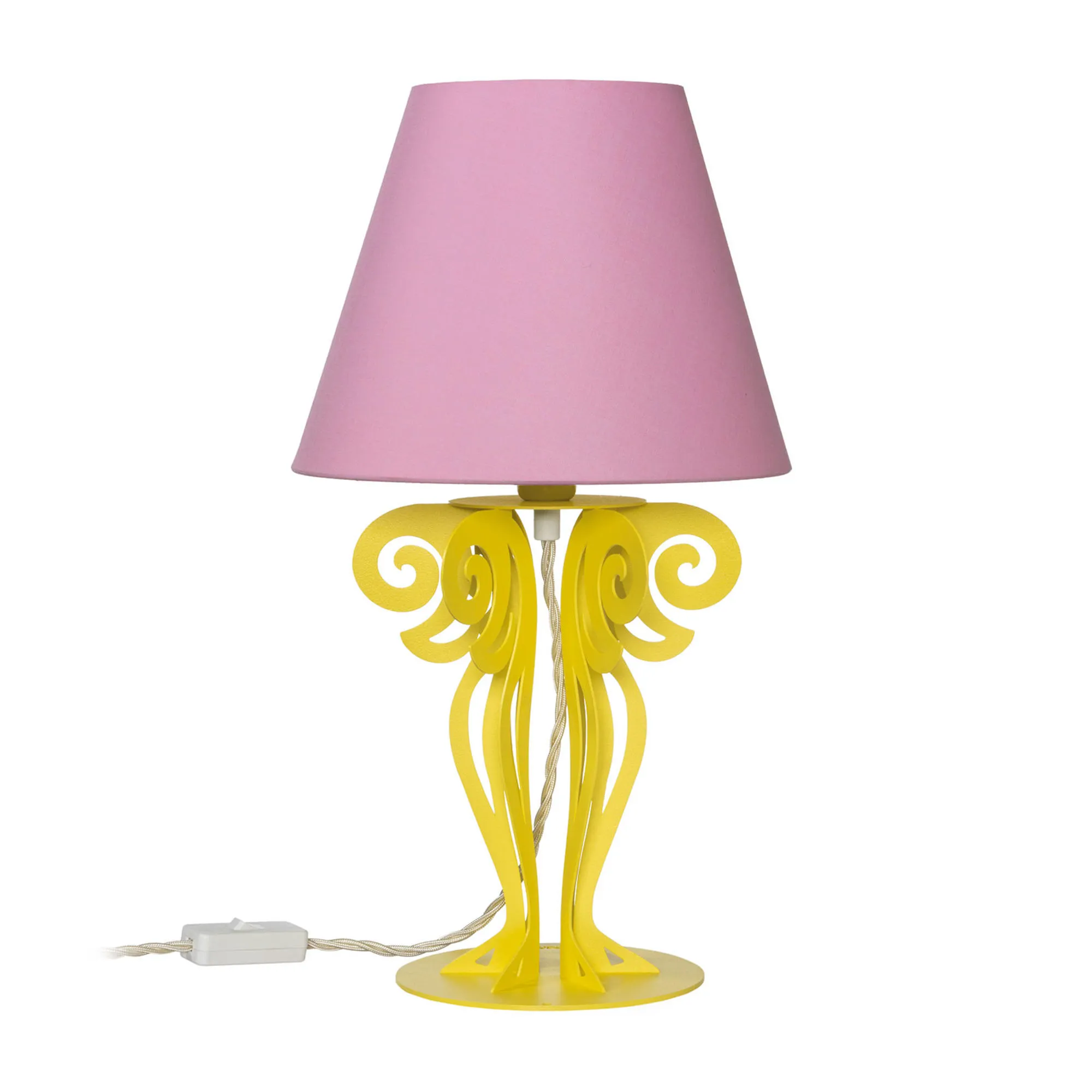 Piccola lampada da tavolo Struttura in Ferro con paralume CIRCEO Dimensione 24x h 40 cm base tornita in modo lamellare colore Giallo Paralume Rosa