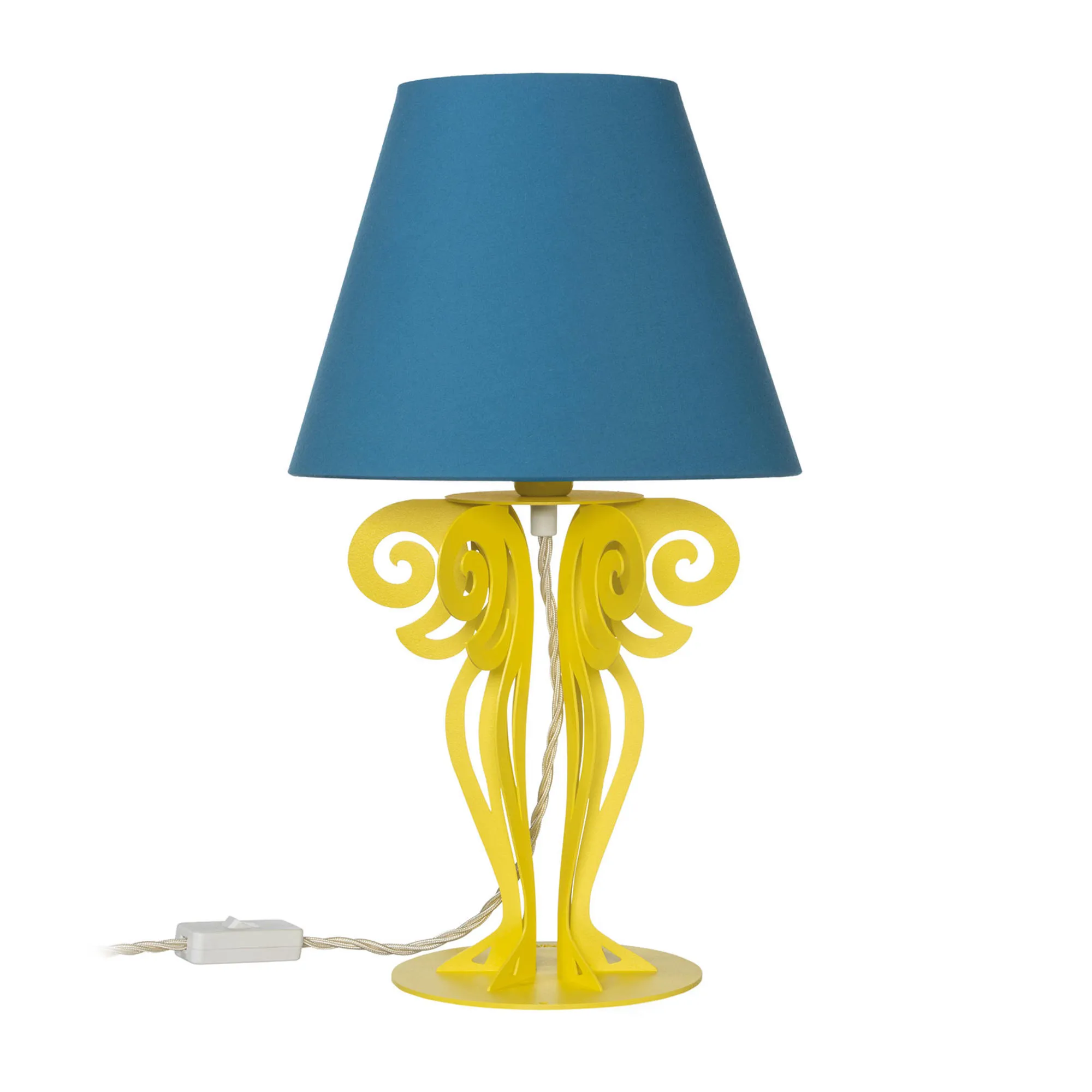 Piccola lampada da tavolo Struttura in Ferro con paralume CIRCEO Dimensione 24x h 40 cm base tornita in modo lamellare colore Giallo Paralume Azzurro