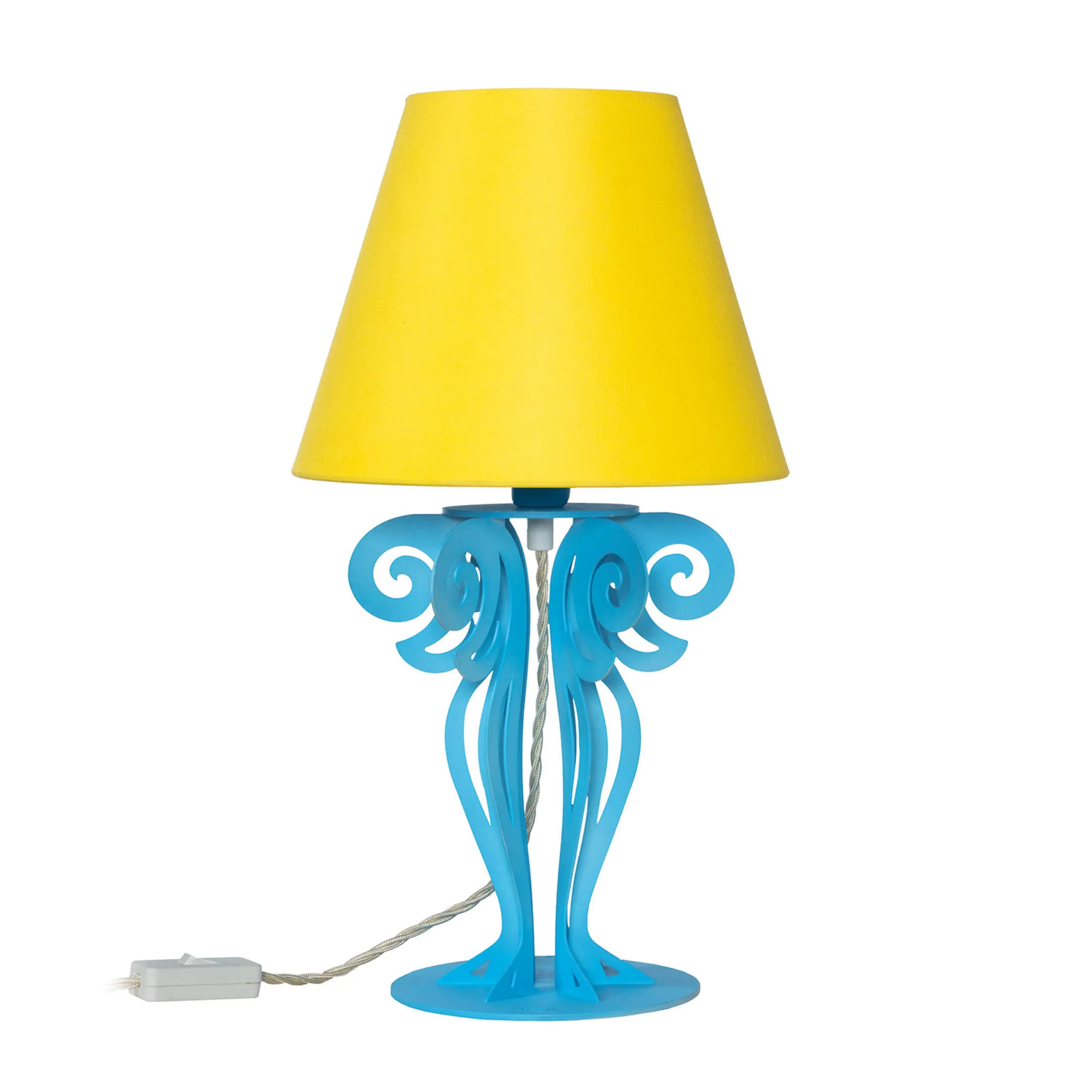 Piccola lampada da tavolo Struttura in Ferro con paralume CIRCEO Dimensione 24x h 40 cm base tornita in modo lamellare colore Celeste Paralume Giallo