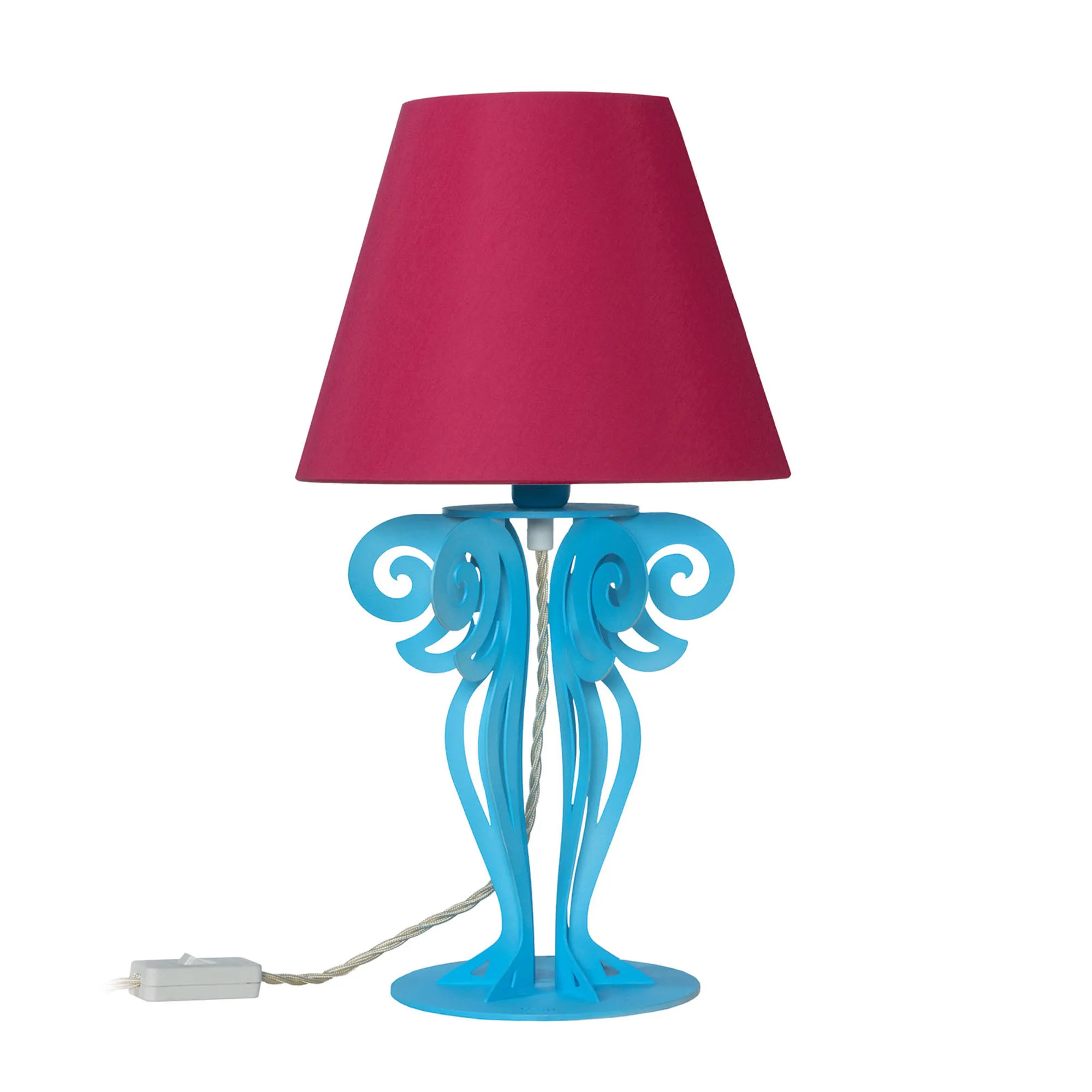 Piccola lampada da tavolo Struttura in Ferro con paralume CIRCEO Dimensione 24x h 40 cm base tornita in modo lamellare colore Celeste Paralume Fucsia