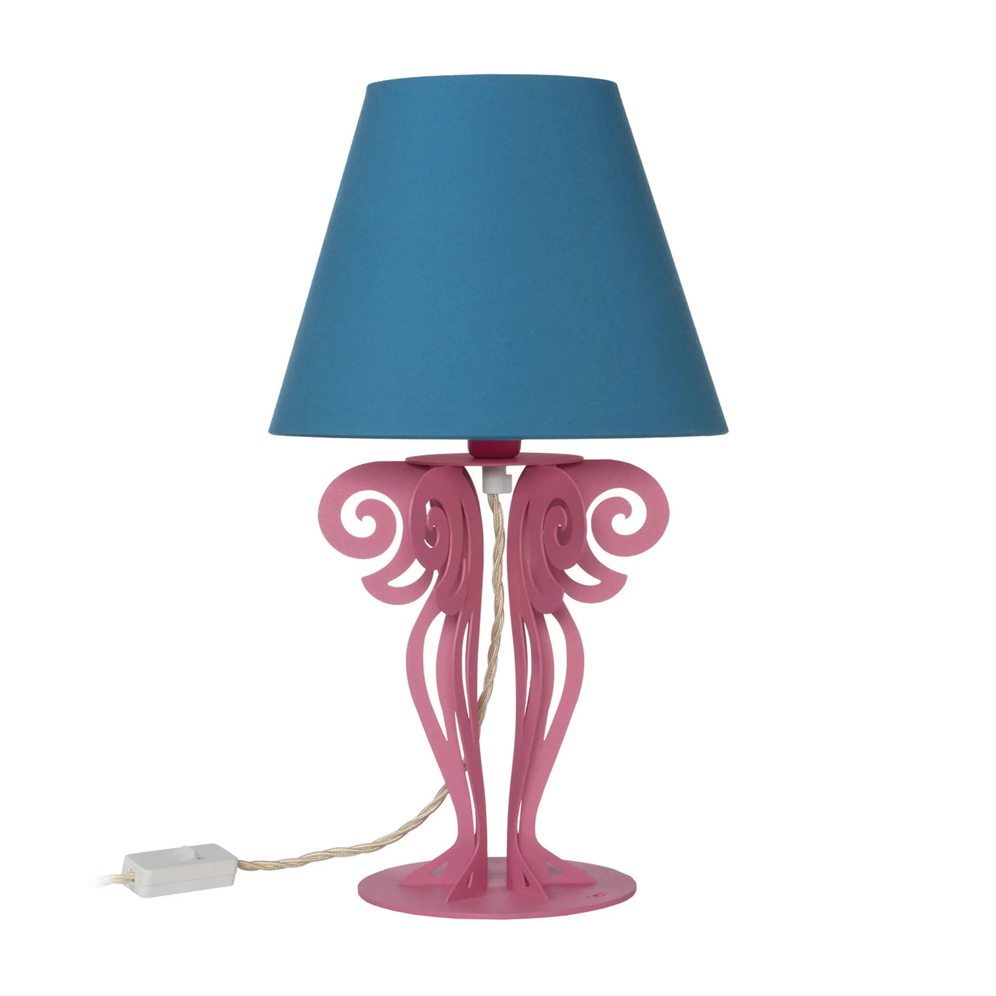 Piccola lampada da tavolo Struttura in Ferro con paralume CIRCEO Dimensione 24x h 40 cm base tornita in modo lamellare colore Rosa Paralume Azzurro