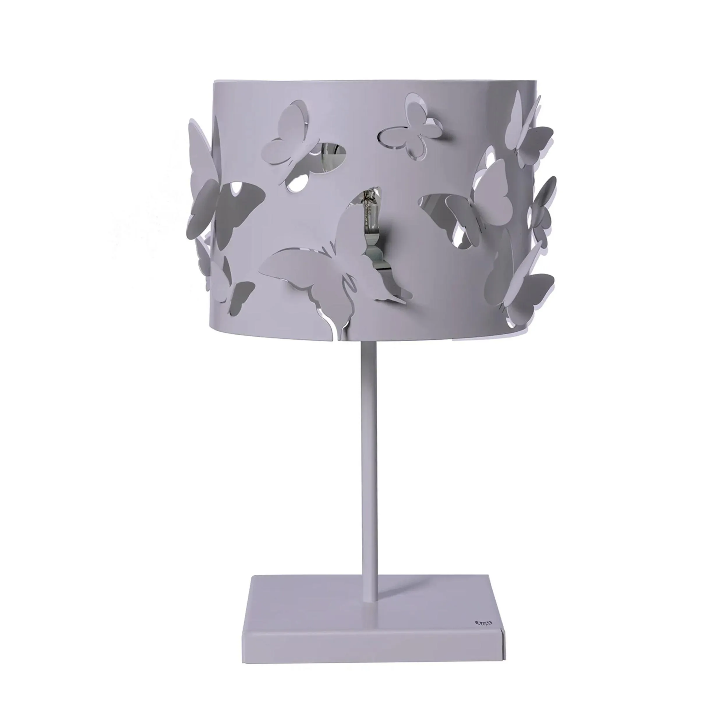 Lampada da tavolo in metallo con Design di farfalle a rilievo Dimensioni 12x12 x h37 cm parti traforate di ali che sono in rilievo colore Glicine