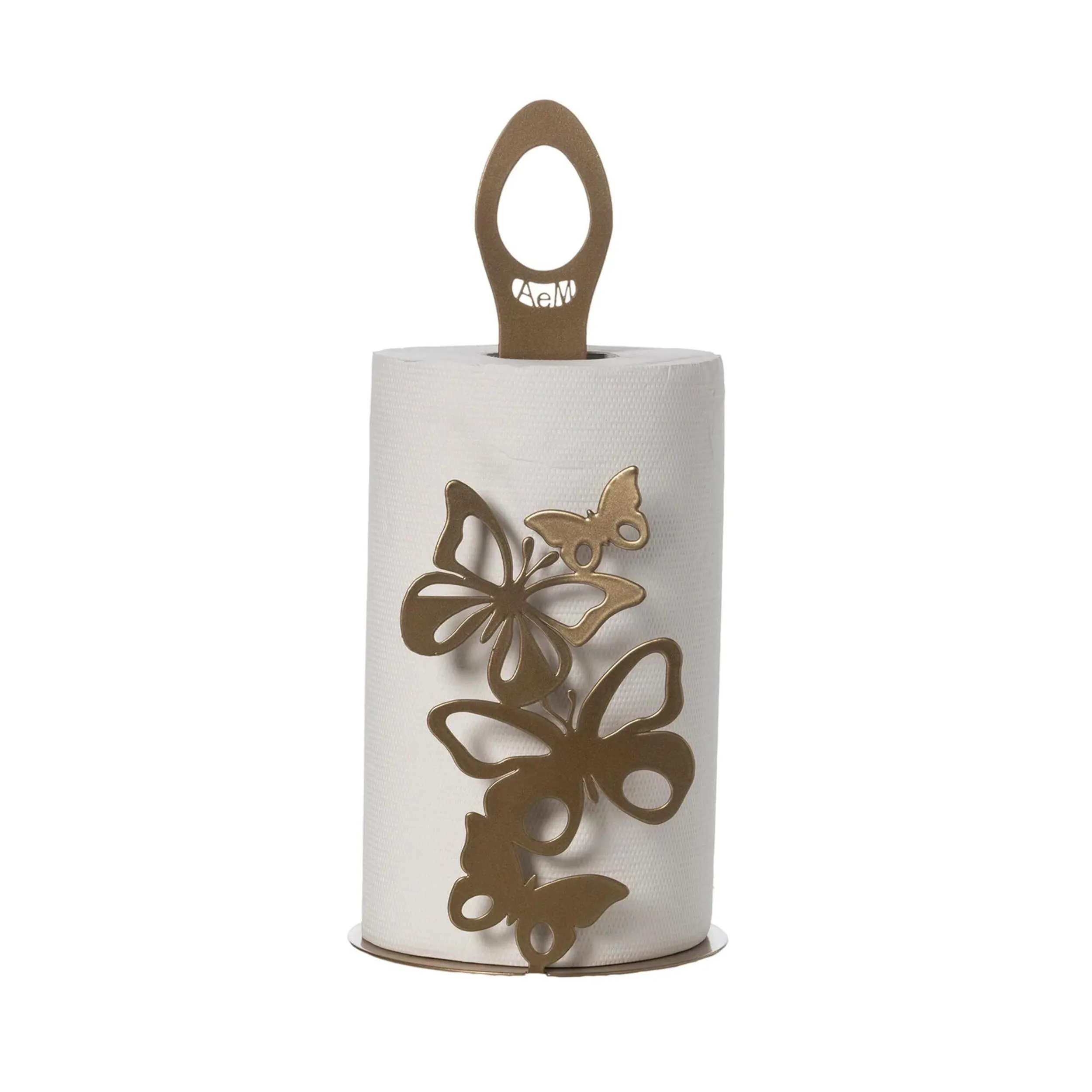 Porta rotoli In Metallo linea FARFALLOSO, presenta quattro farfalle di diverse dimensioni disposte nella parte frontale, diametro15x h33 cm, Oro laccato