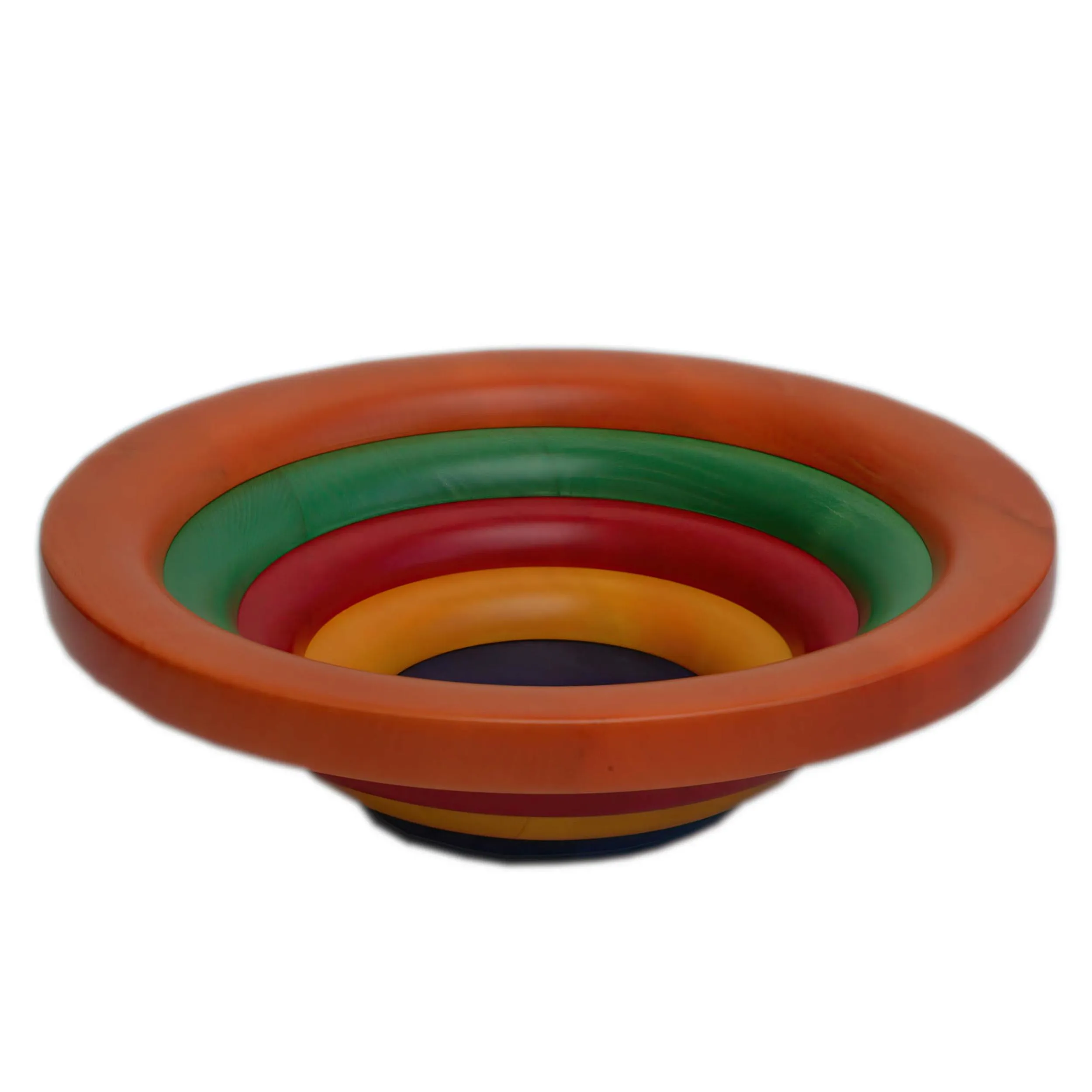 Insalatiera Centrotavola Fruttiera Arena Multicolor Diametro 30xh 10 cm con legno di ontano , ogni anello lavorato e tornito singolarmente a mano colore legno multicolor arancio