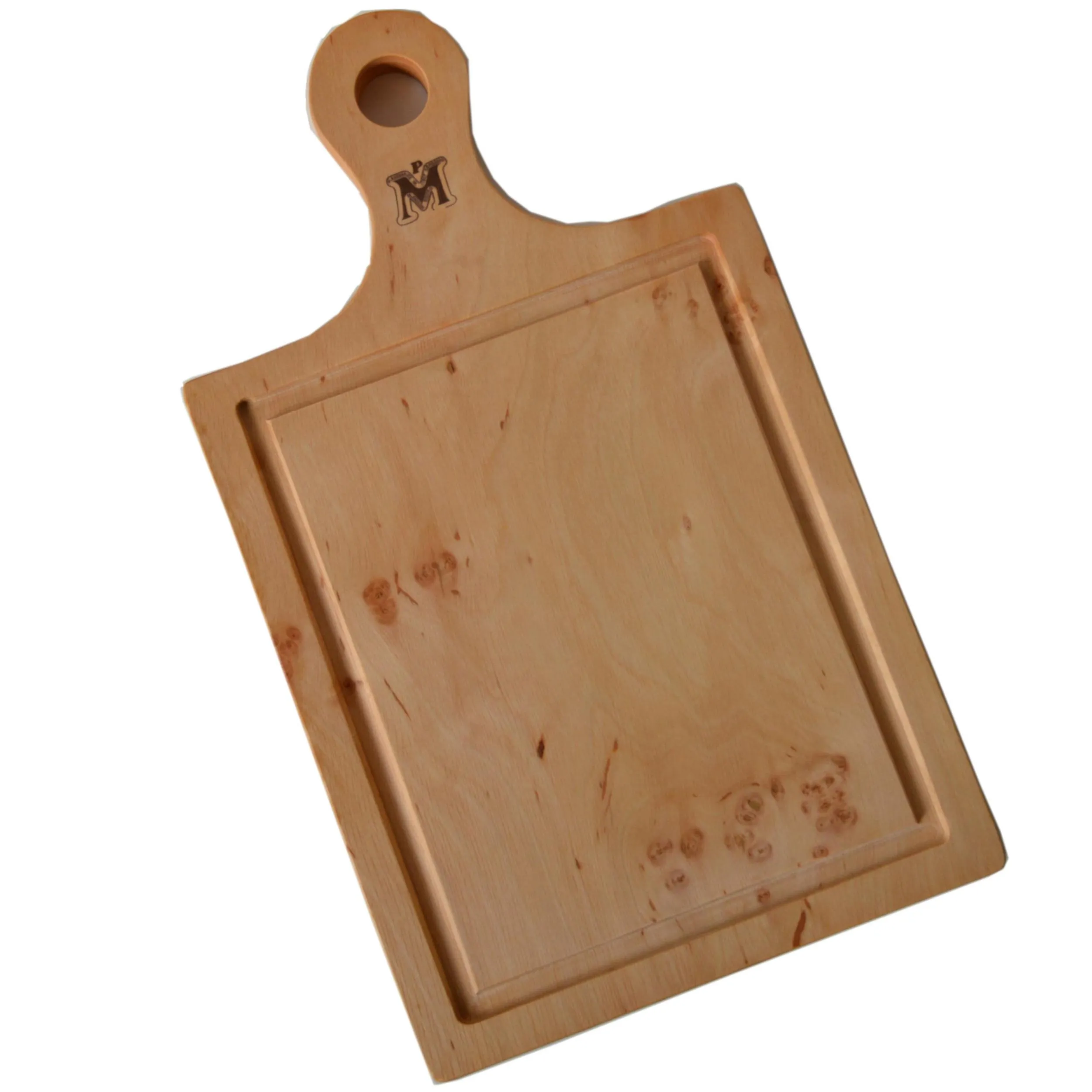 Tagliere classico con manico, in legno di ontano con scanalature 25x49xh1,5 cm con scanalature raccogli intingolo,