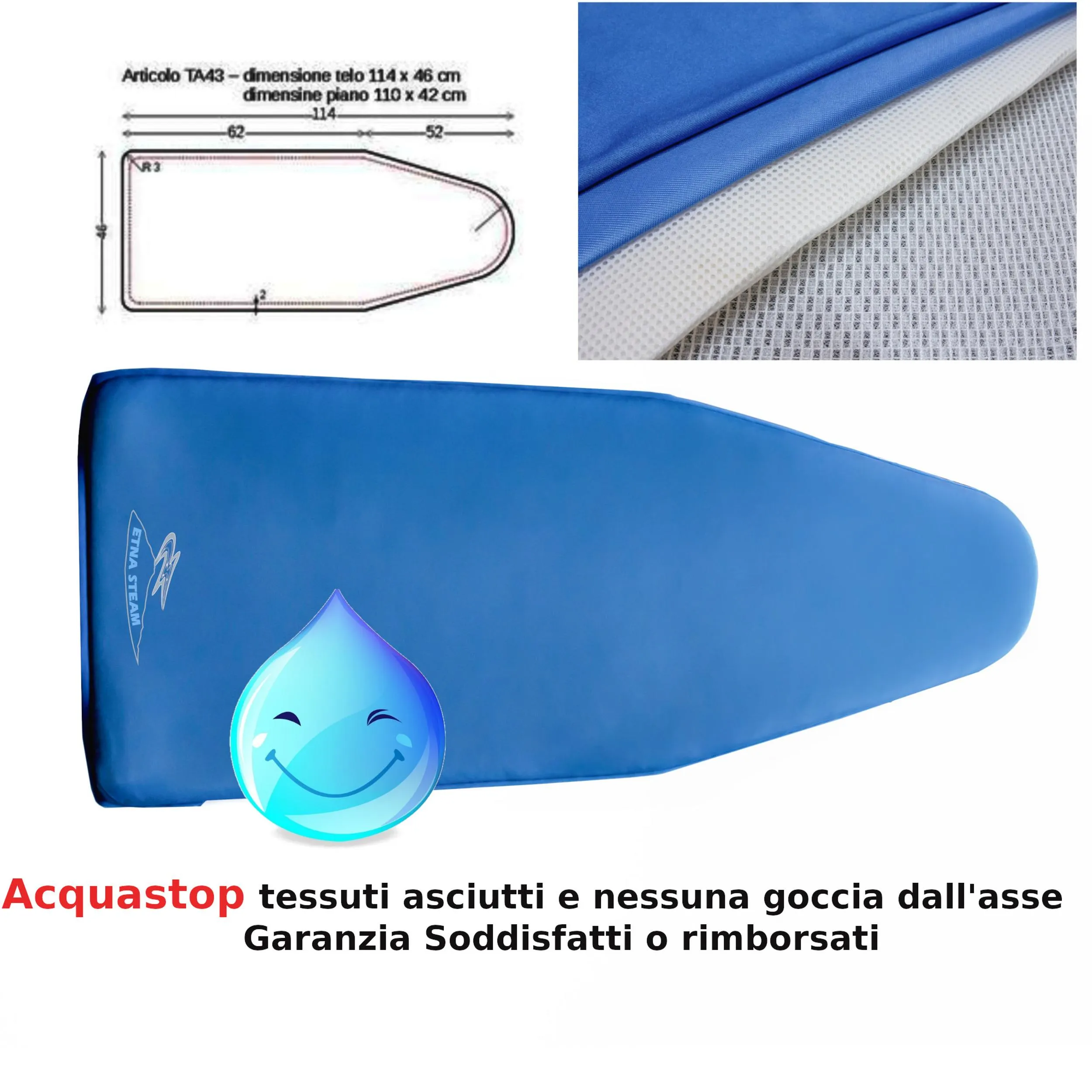 Copriasse ACQUASTOP per assi da stiro con punta rotonda 114x46 cm per assi da Stiro con piano 110x42 cm, tessuto con imbottitura 600 gr blu