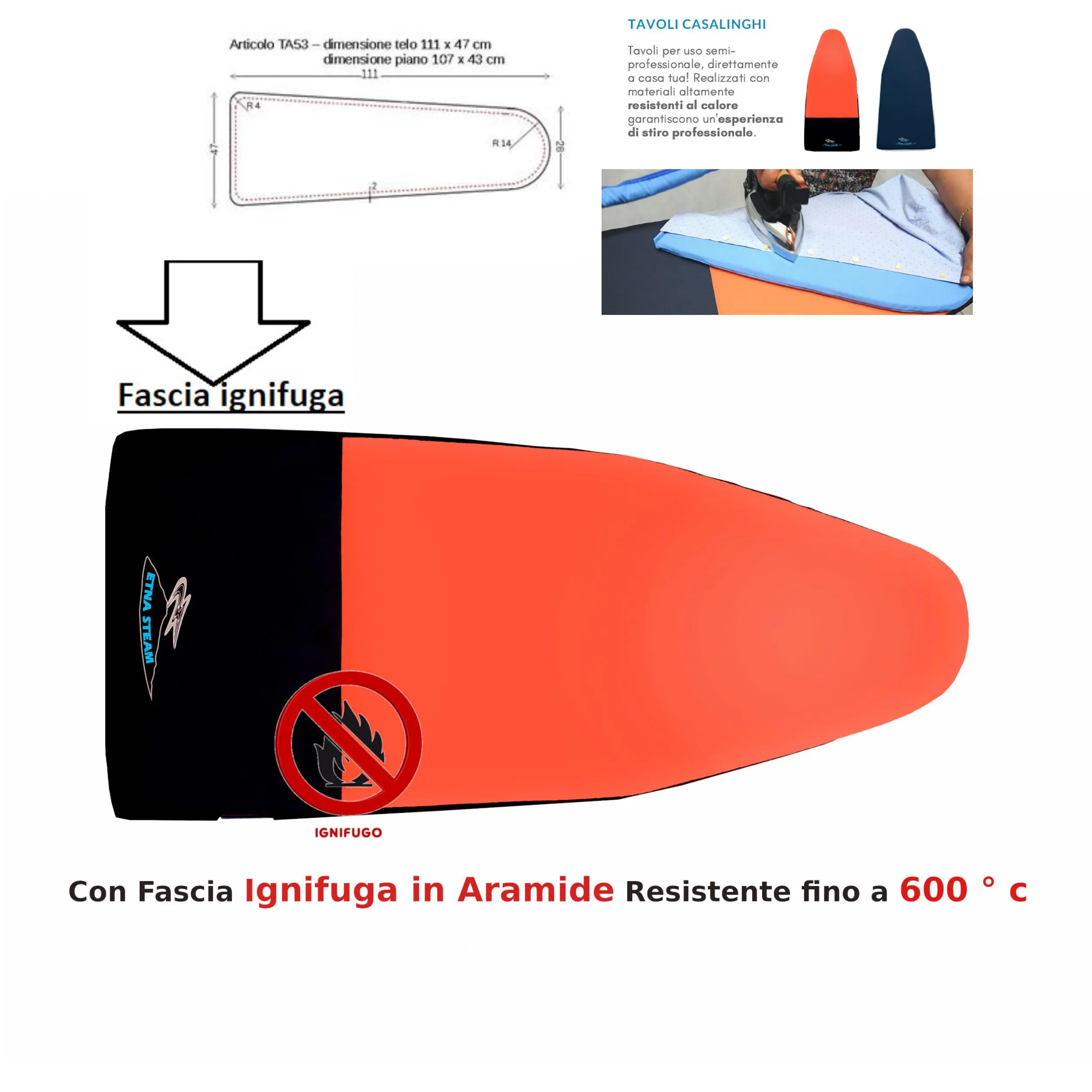 Copriasse con fascia ignifuga per assi da stiro con punta rotonda 111x47 cm per assi da Stiro con piano 107x43, tessuto con imbottitura 600 gr arancio