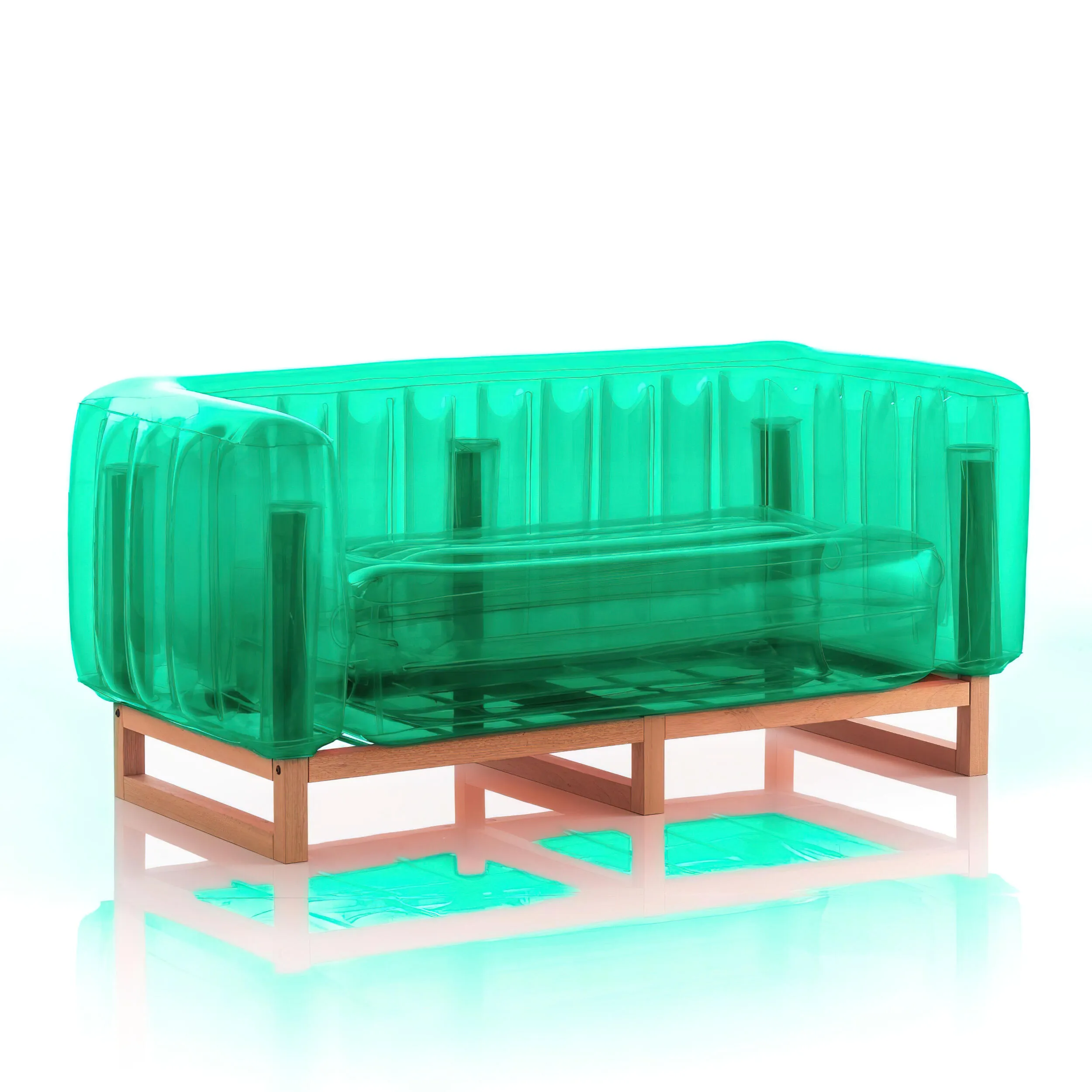 Divano EKO gonfiabile con telaio in legno e TPU Crystal Green YOMI, 76,5x151xH69,5 cm riciclabile, biodegradabile, estremamente resistente, peso sopportabile 300 kg