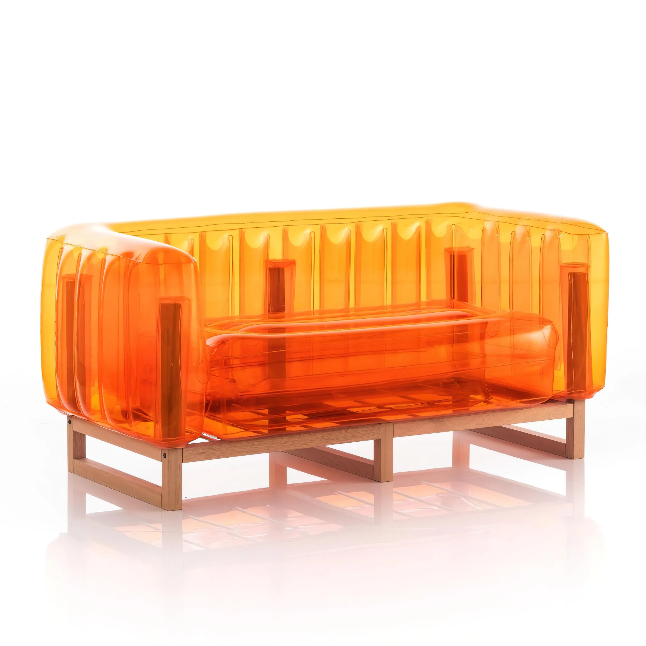Divano EKO gonfiabile con telaio in legno e TPU Crystal Orange YOMI, 76,5x151xH69,5 cm riciclabile, biodegradabile, estremamente resistente, peso sopportabile 300 kg