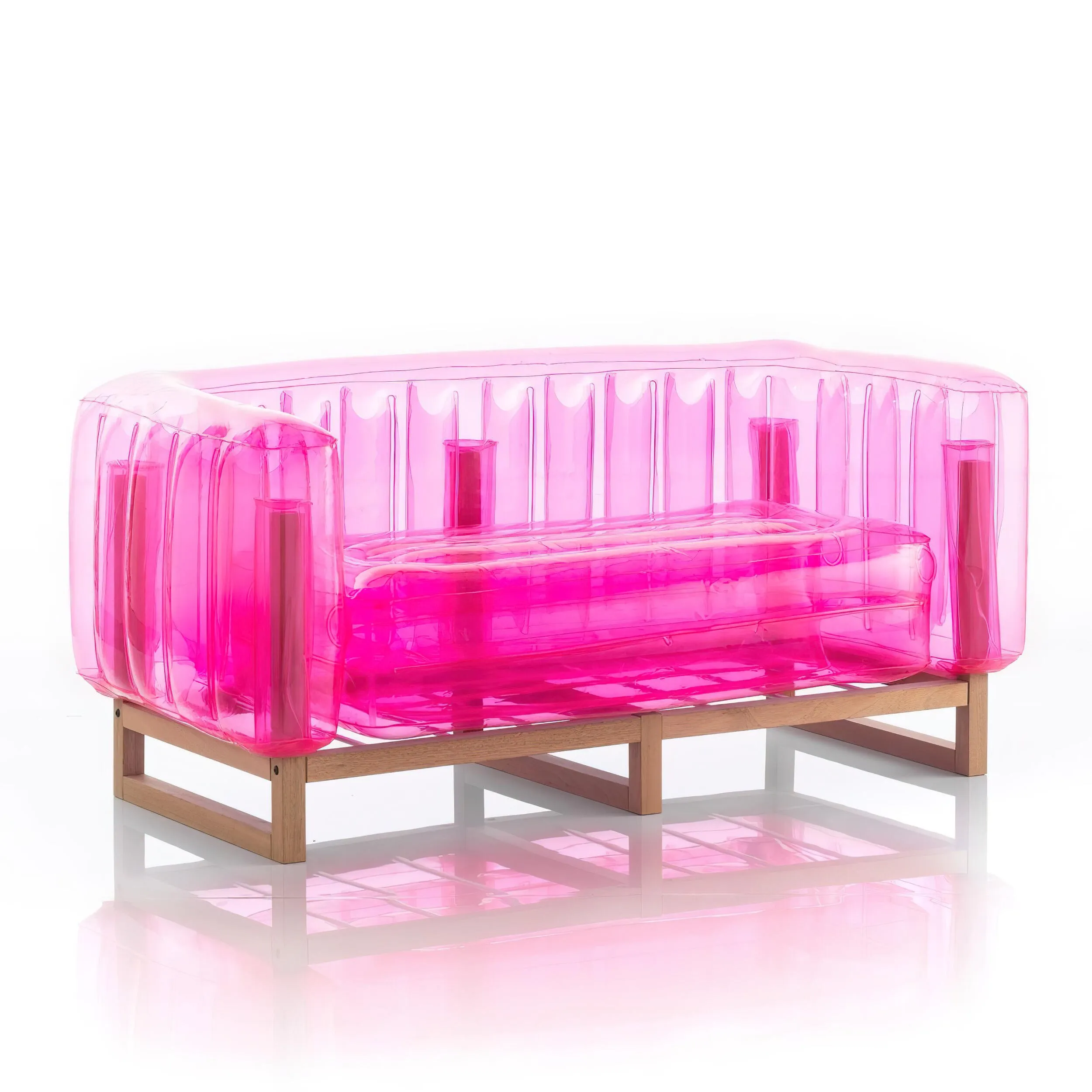 Divano EKO gonfiabile con telaio in legno e TPU Crystal Pink YOMI, 76,5x151xH69,5 cm riciclabile, biodegradabile, estremamente resistente, peso sopportabile 300 kg