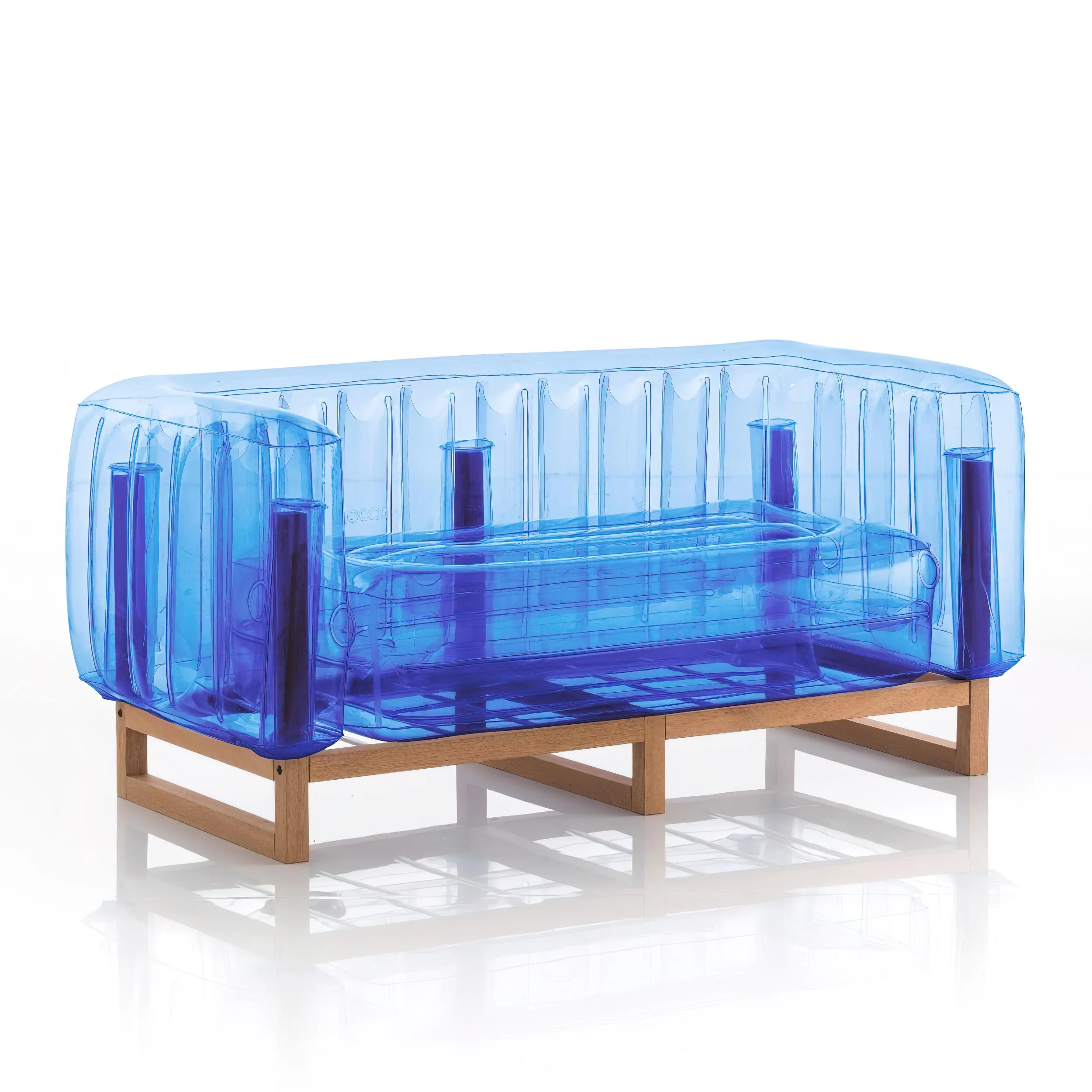 Divano EKO gonfiabile con telaio in legno e TPU Crystal Blue YOMI, 76,5x151xH69,5 cm riciclabile, biodegradabile, estremamente resistente, peso sopportabile 300 kg