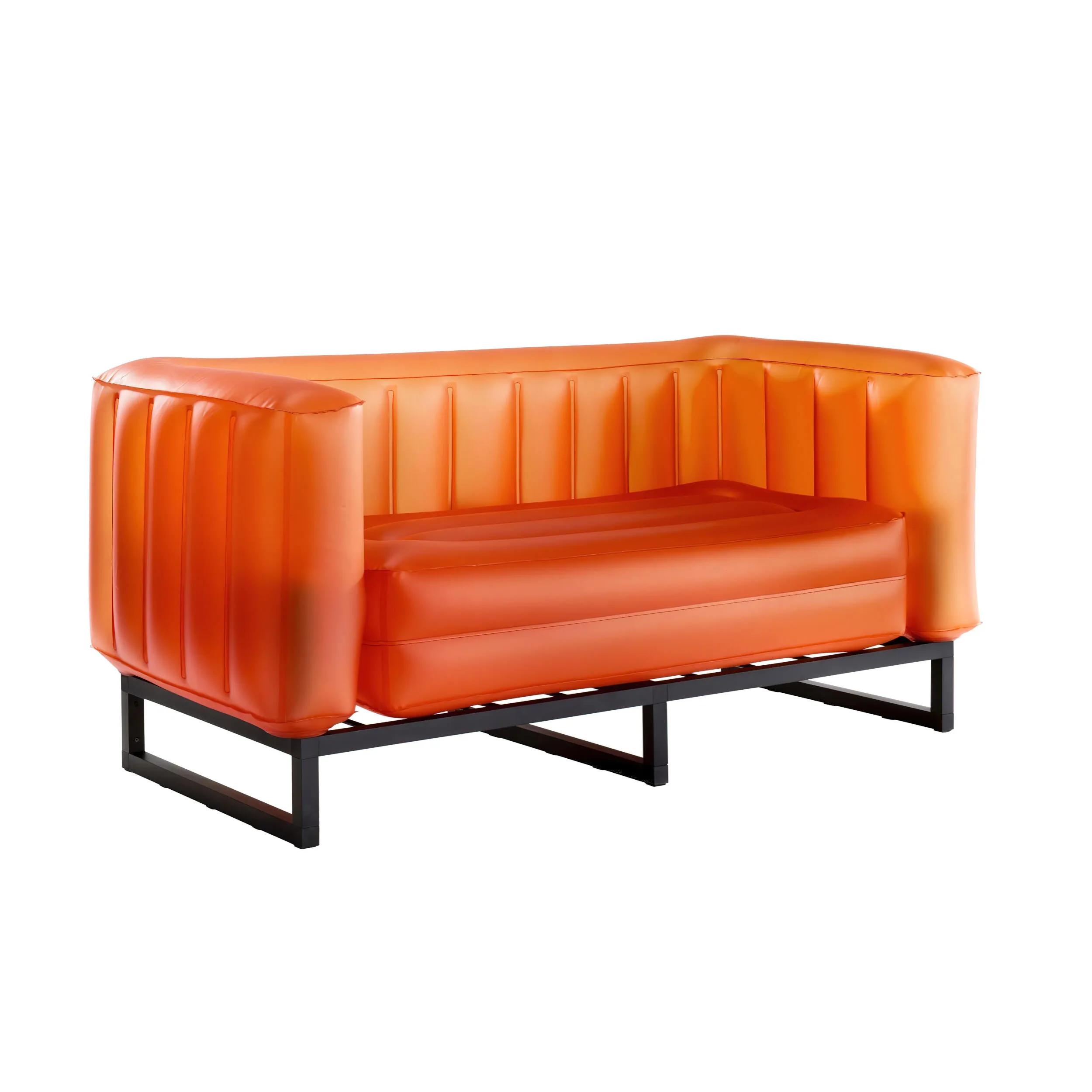 divano Yomi eko illuminato struttura in legno nero, dimensioni 76x151xH69 cm peso 14,8 kg, seduta gonfiabile in TPU colore arancio traslucido