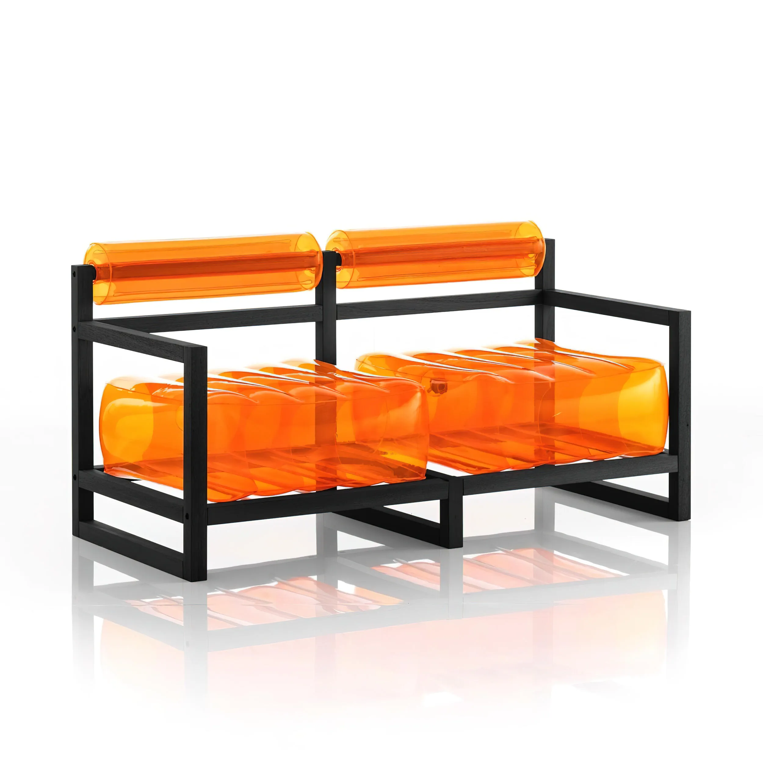 divano Yoko eko struttura in legno nero, dimensioni 62x191xH70 cm peso 18,7 kg, seduta gonfiabile in TPU colore arancio