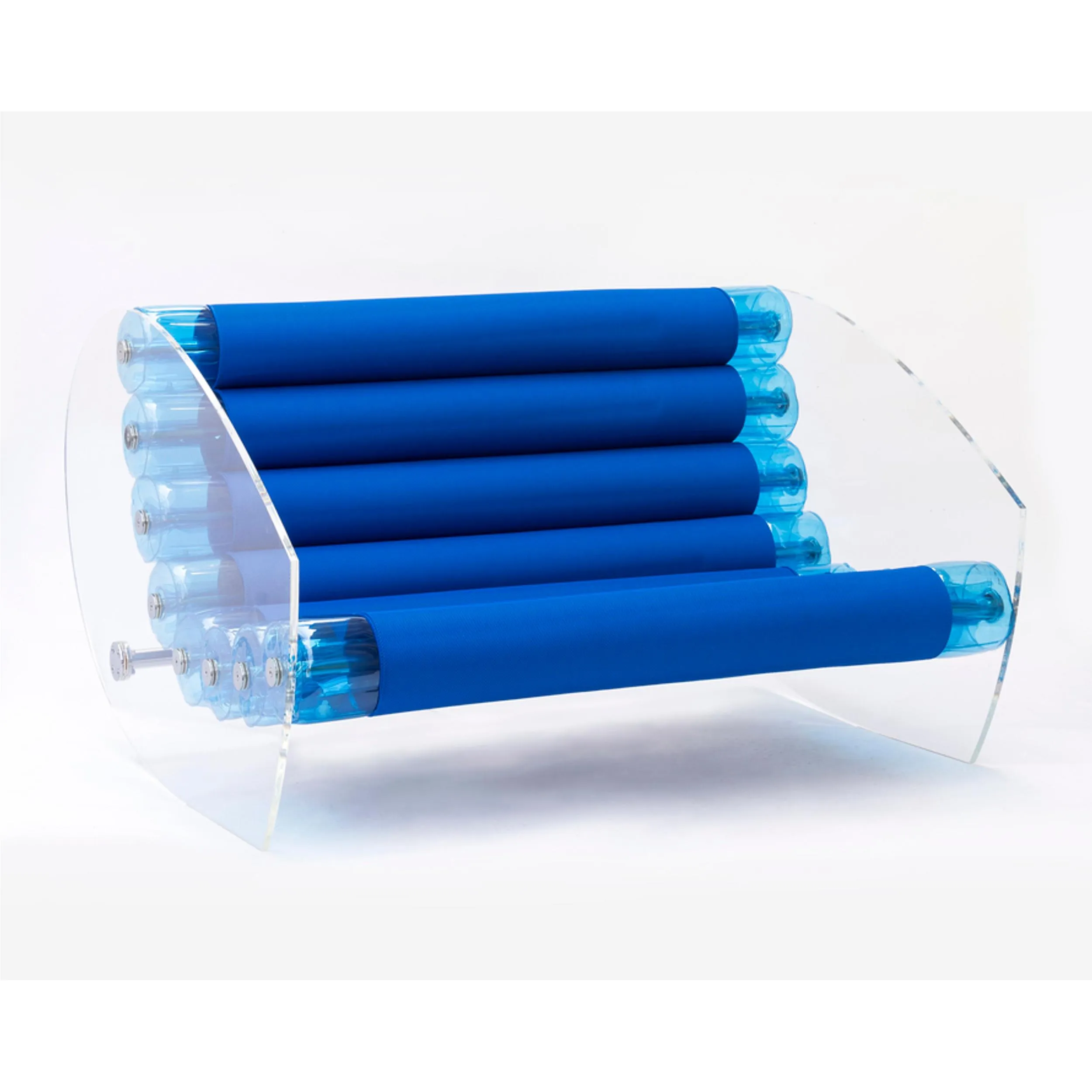 Divano modello MW05 design in vetro temperato, con tessuto ignifugo dimensioni 1,498x66,5xH72 cm peso 40 kg, seduta gonfiabile in TPU colore Blu Trasparente