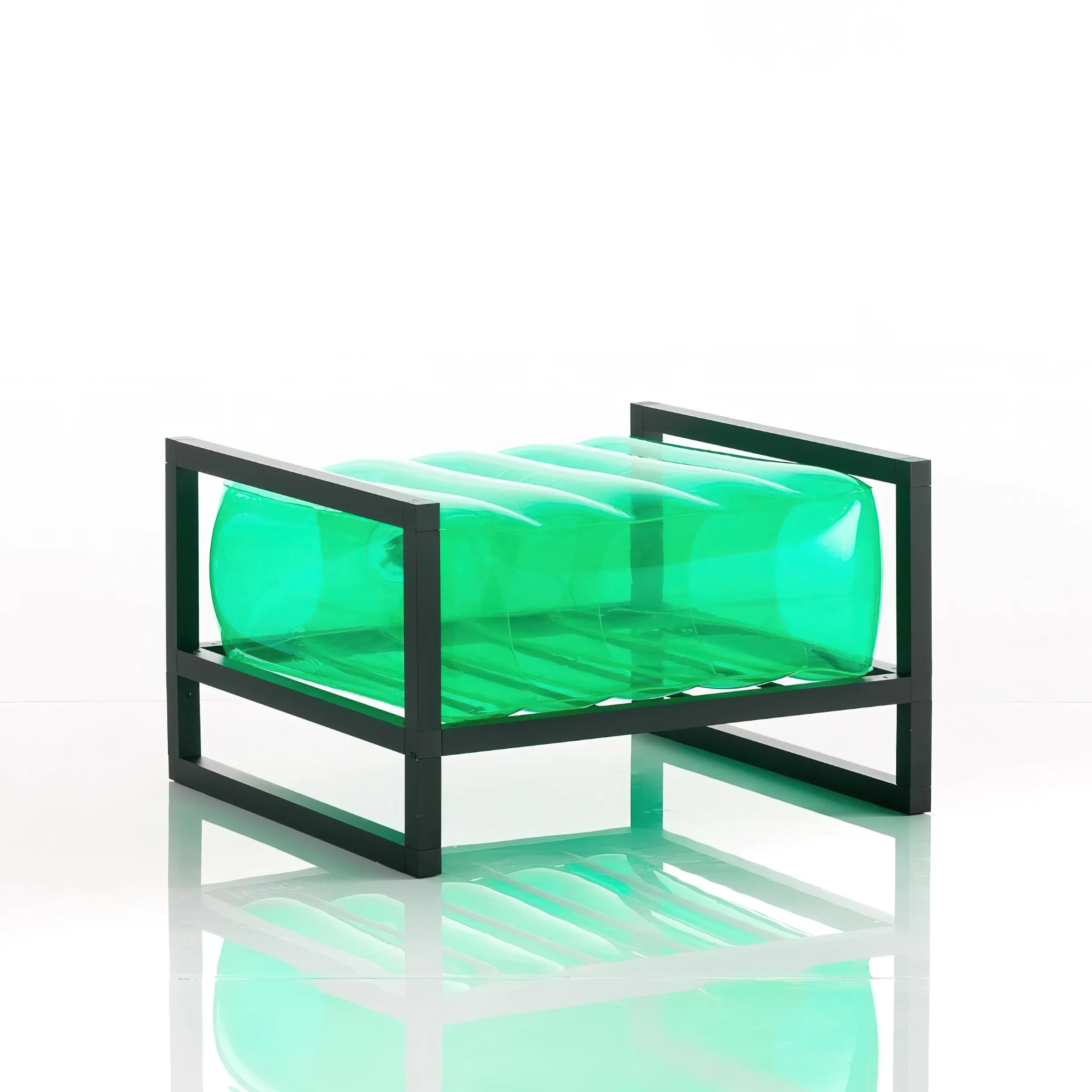 Pouf EKO gonfiabile con telaio in alluminio e TPU Crystal Green YOKO, 62x70xH40 cm riciclabile, biodegradabile, estremamente resistente, peso sopportabile 150 kg