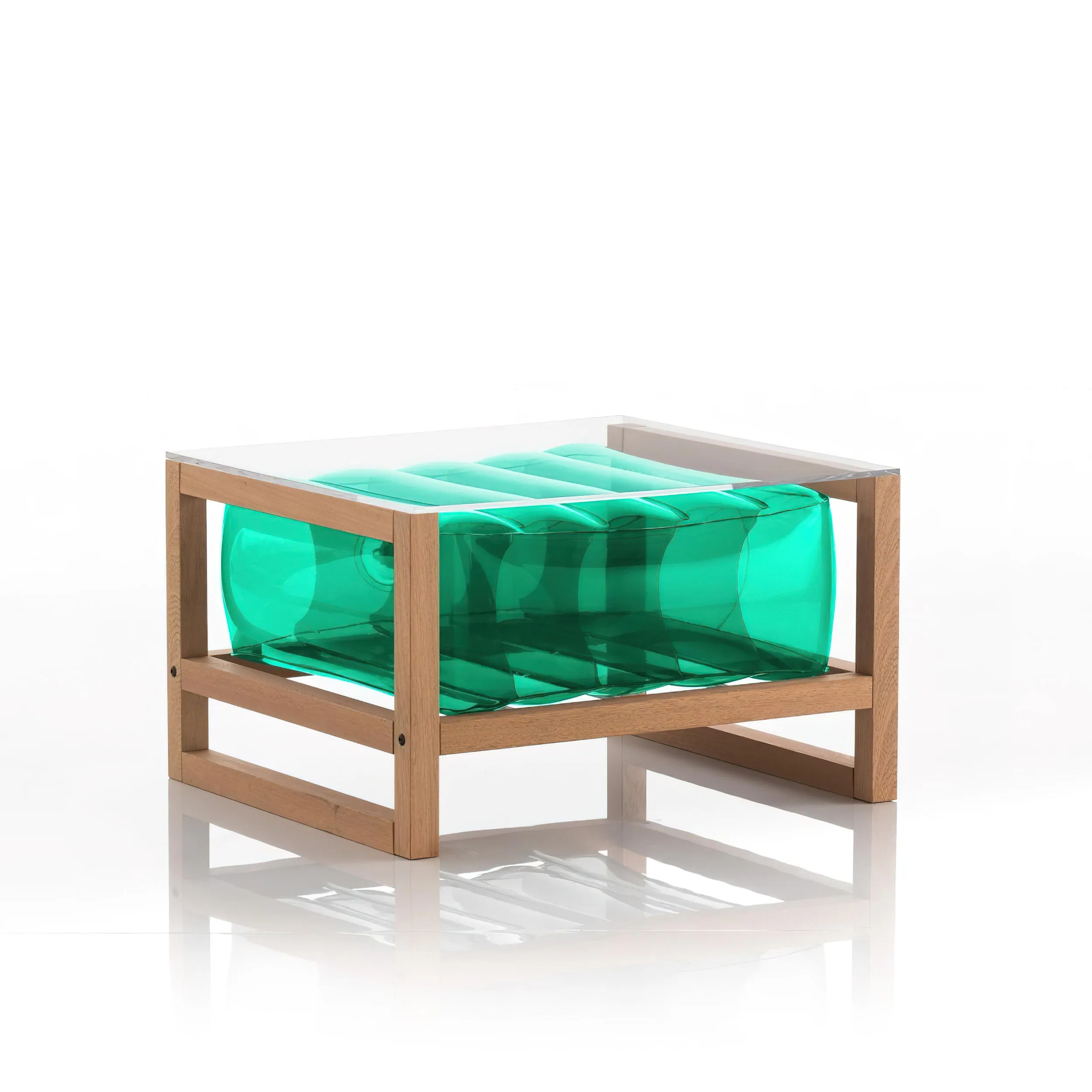 Tavolino EKO gonfiabile con telaio in legno e TPU Crystal Green YOKO, 62x70xH40 cm riciclabile, biodegradabile, estremamente resistente