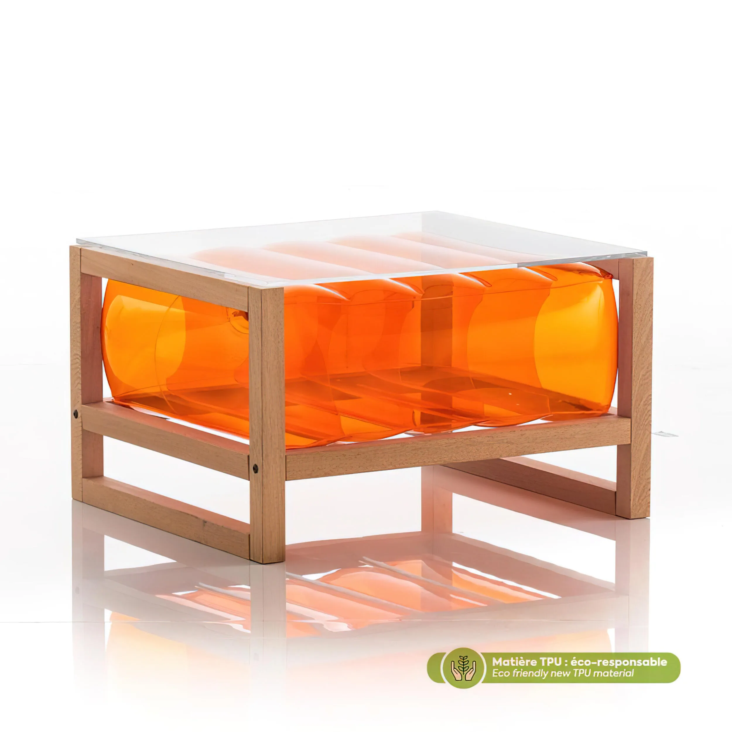 Tavolino EKO gonfiabile con telaio in legno e TPU Crystal Orange YOKO, 62x70xH40 cm riciclabile, biodegradabile, estremamente resistente