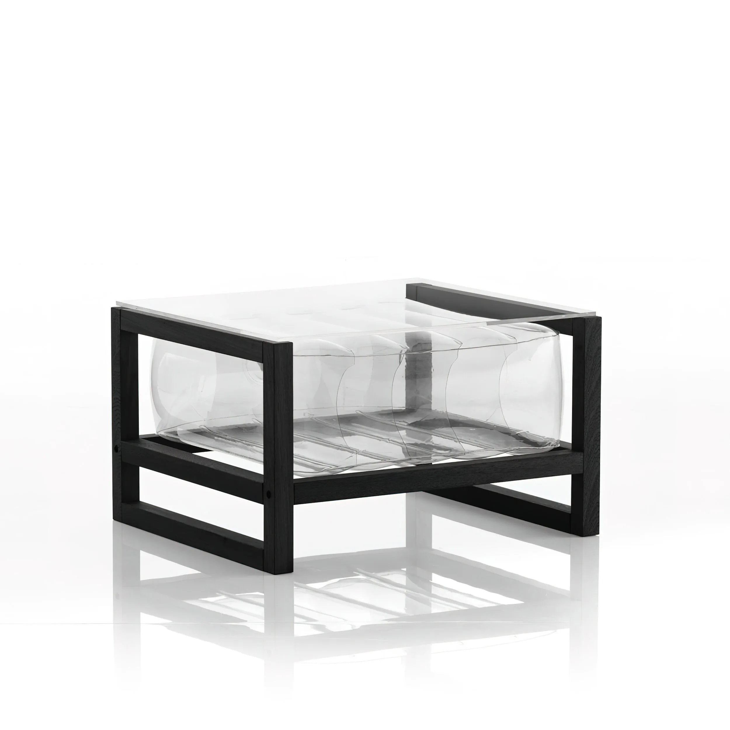 tavolino da salotto Yoko eko struttura in legno nero, dimensioni 62x70xH40 cm peso 14 kg, seduta gonfiabile in TPU colore trasparente