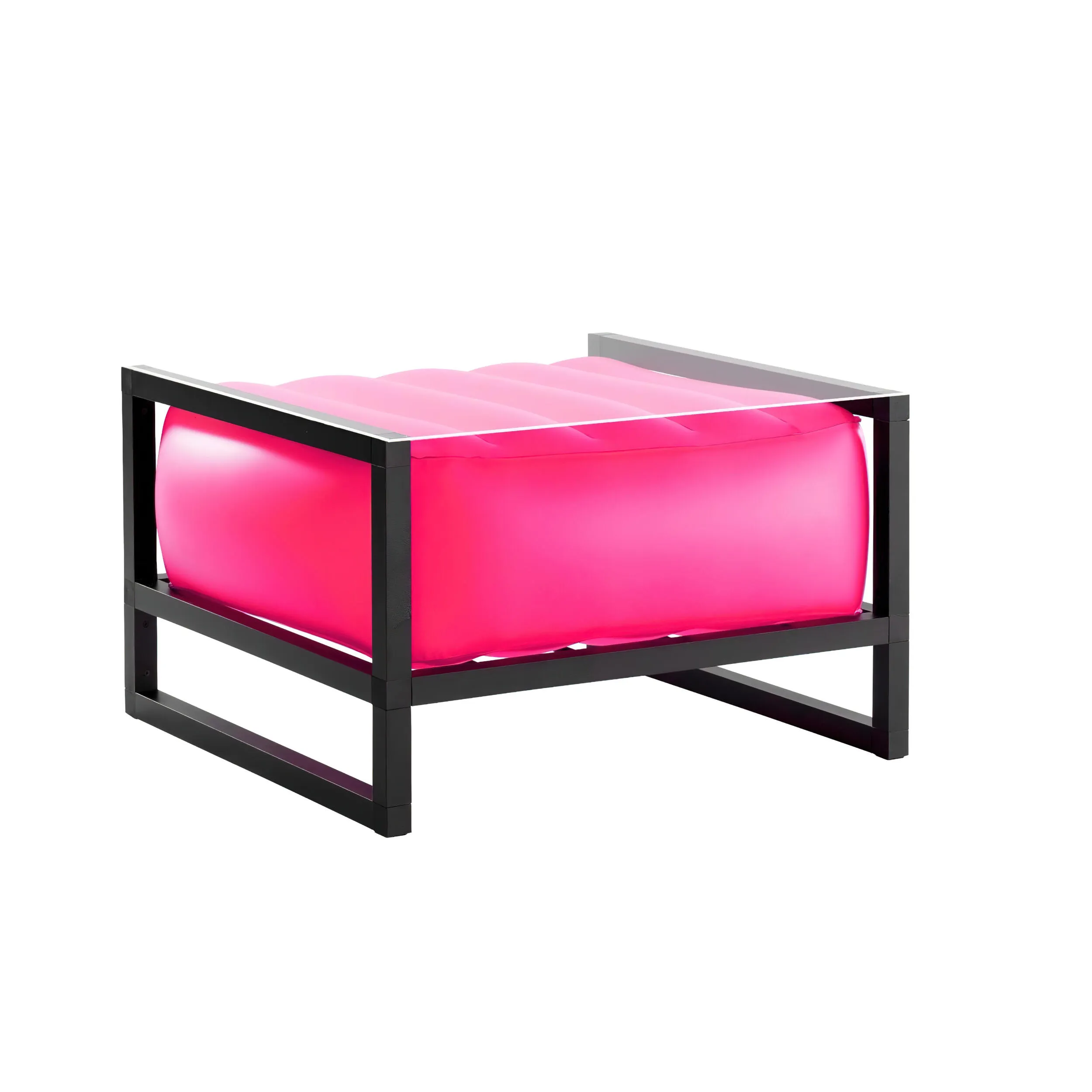 tavolino da salotto Yomi eko illuminato struttura in legno nero, dimensioni 62x70xH40 cm peso 14 kg, seduta gonfiabile in TPU colore rosa traslucido