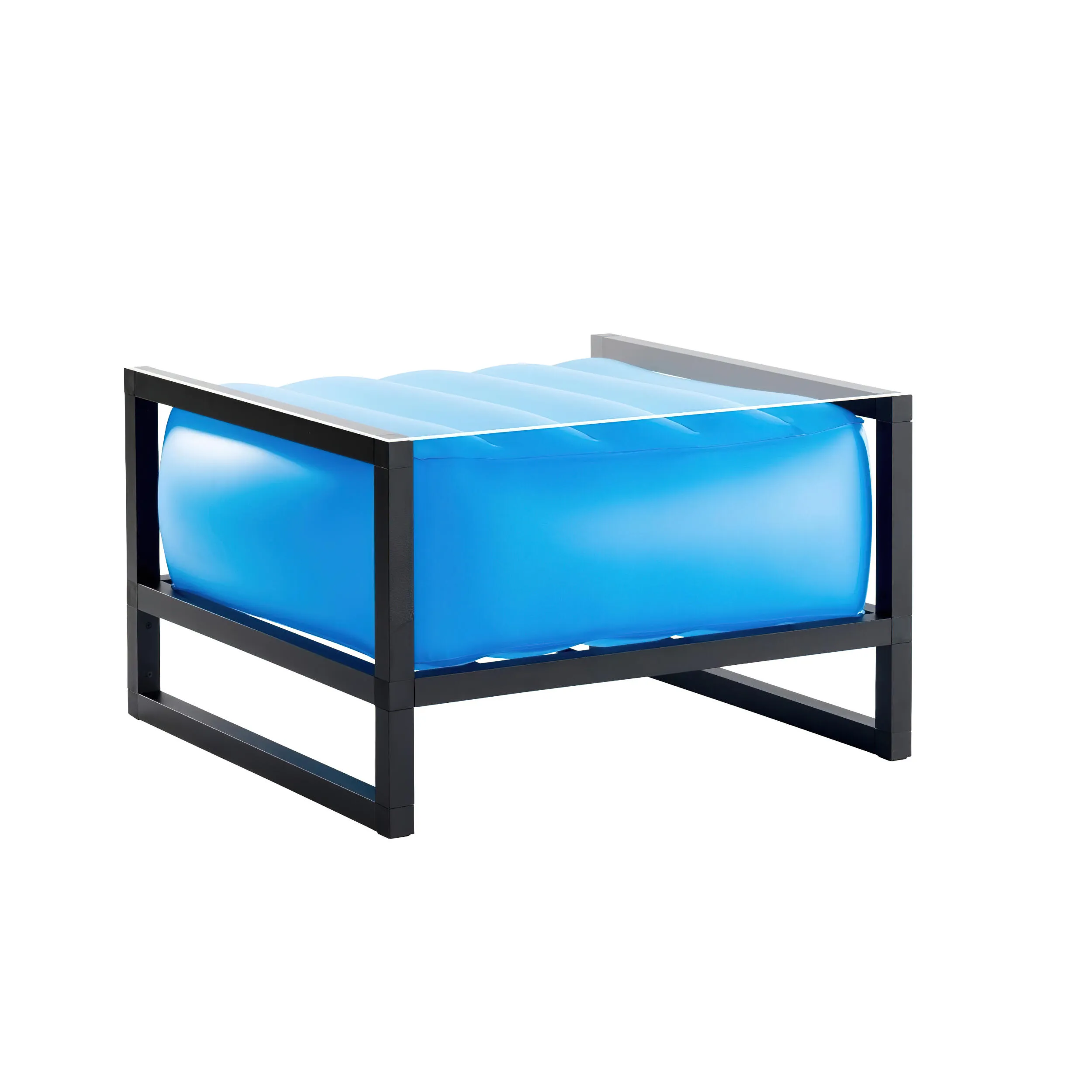 tavolino da salotto Yomi eko illuminato struttura in legno nero, dimensioni 62x70xH40 cm peso 14 kg, seduta gonfiabile in TPU colore blu traslucido