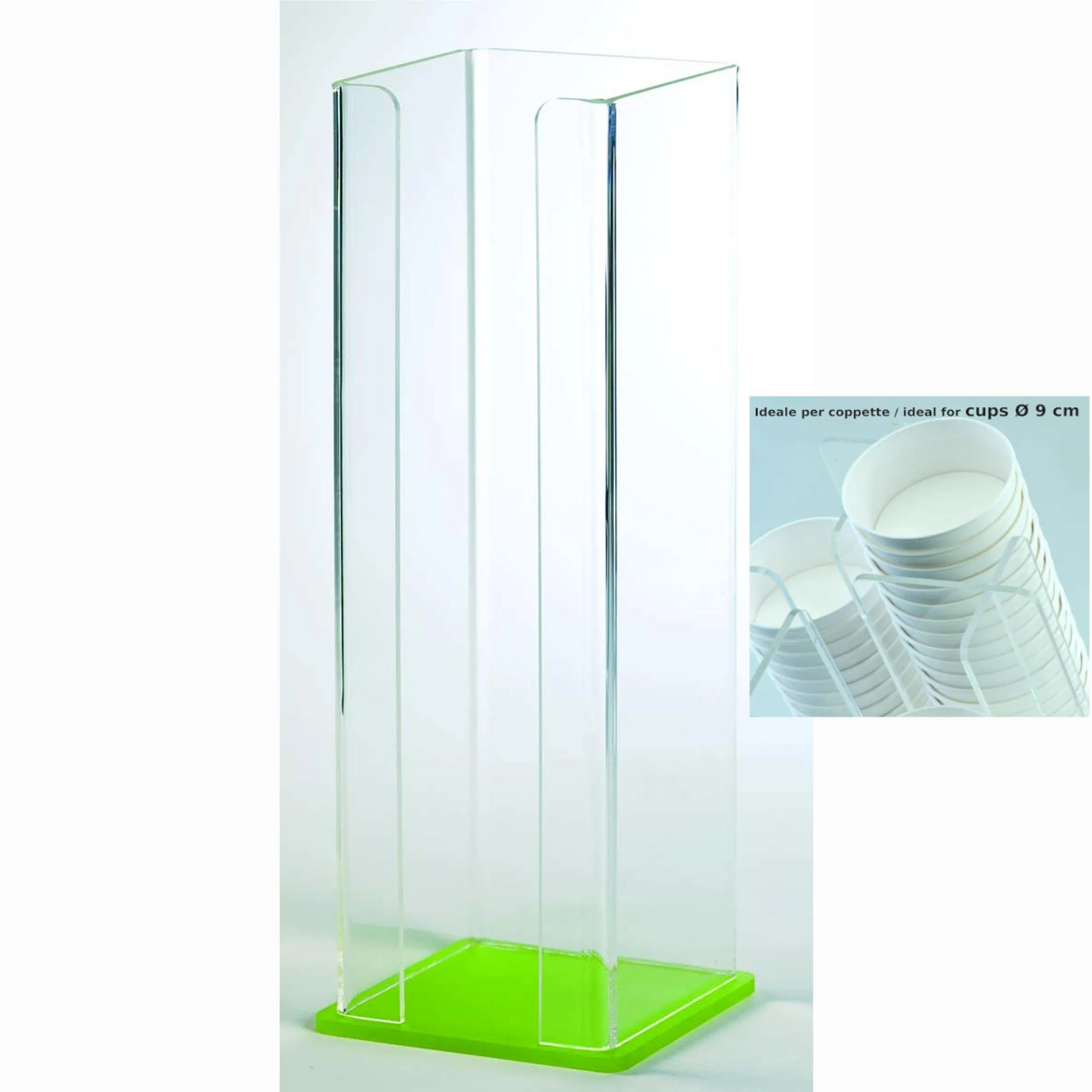 Porta coppette, in Plexiglas spessore 3 mm Dimensioni 11x11x h30,5 cm- ideale per coppette diametro 9 cm base Verde