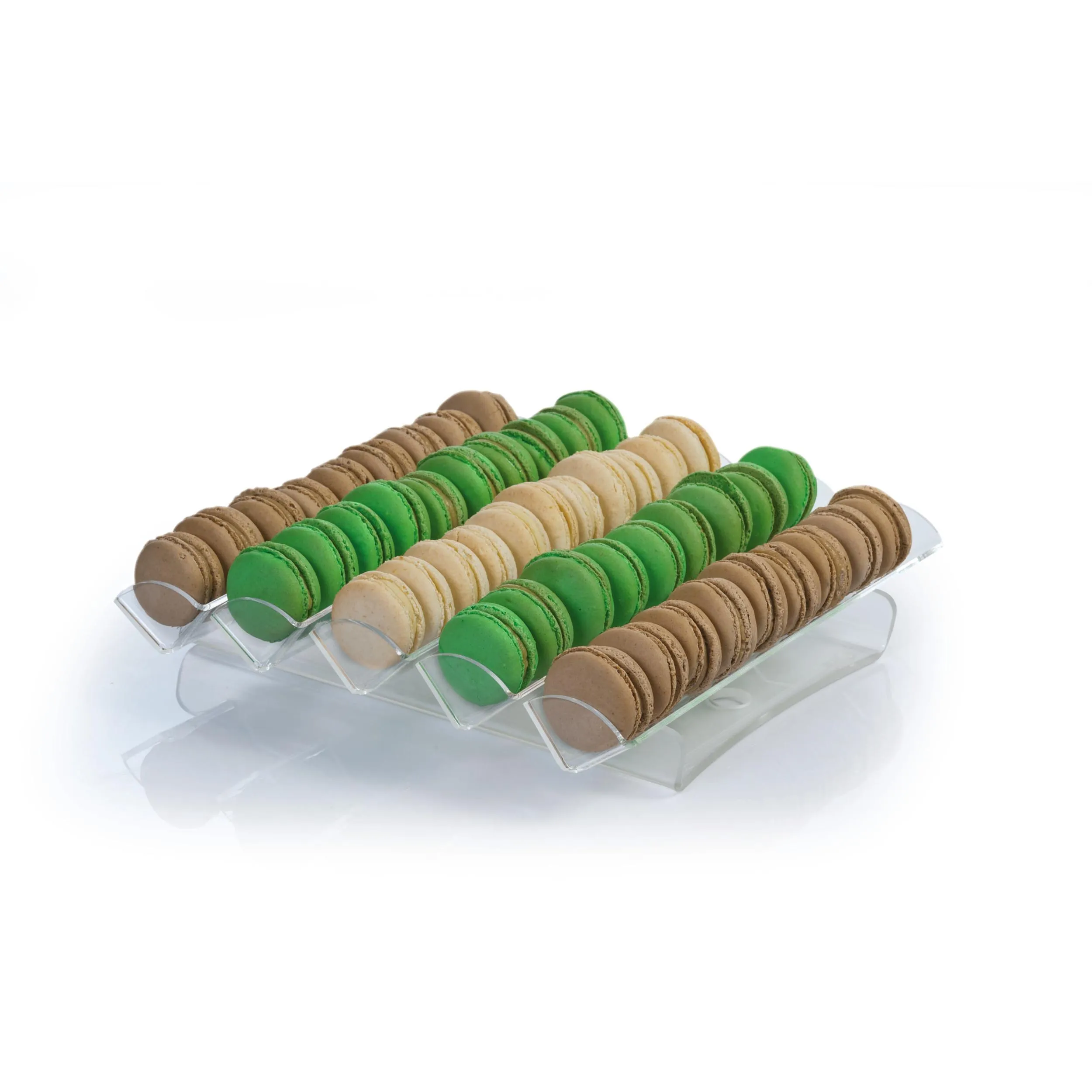 Porta macarons in plexiglass trasparente a 5 file 50 pezzi - Ingombro massimo 31,5x32,5xh6,5 cm