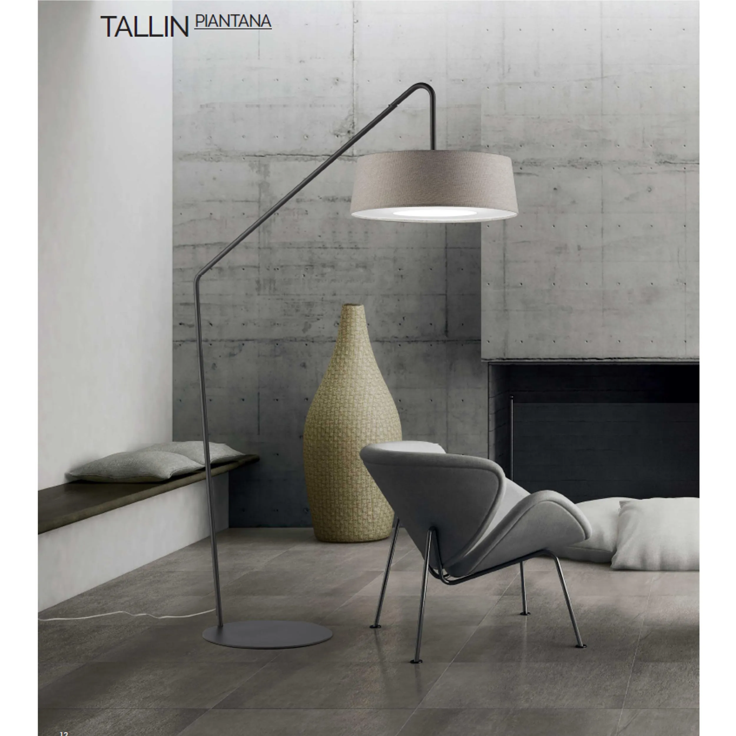 Lampada piantana da TERRA Struttura in acciaio verniciato ANTRACITE TALLIN Dimensioni 135xh 208 cm - 12,5 kg Paralume in Tessuto Sabbia ø 60 x h 19cm