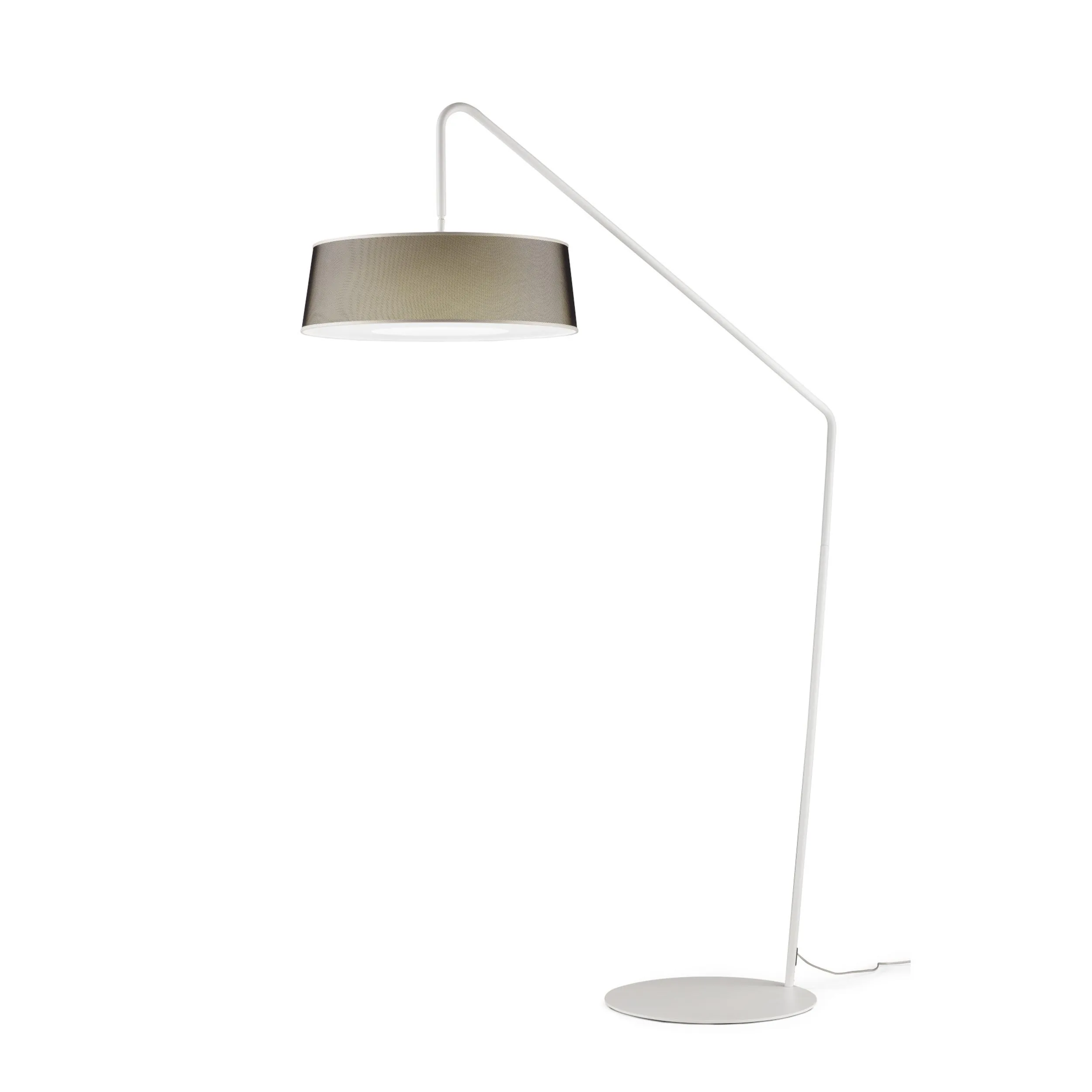 Lampada piantana da TERRA Struttura in acciaio verniciato Bianco TALLIN Dimensioni 135xh 208 cm - 12,5 kg Paralume in Tessuto Microrete nera ø 50 x h 19cm