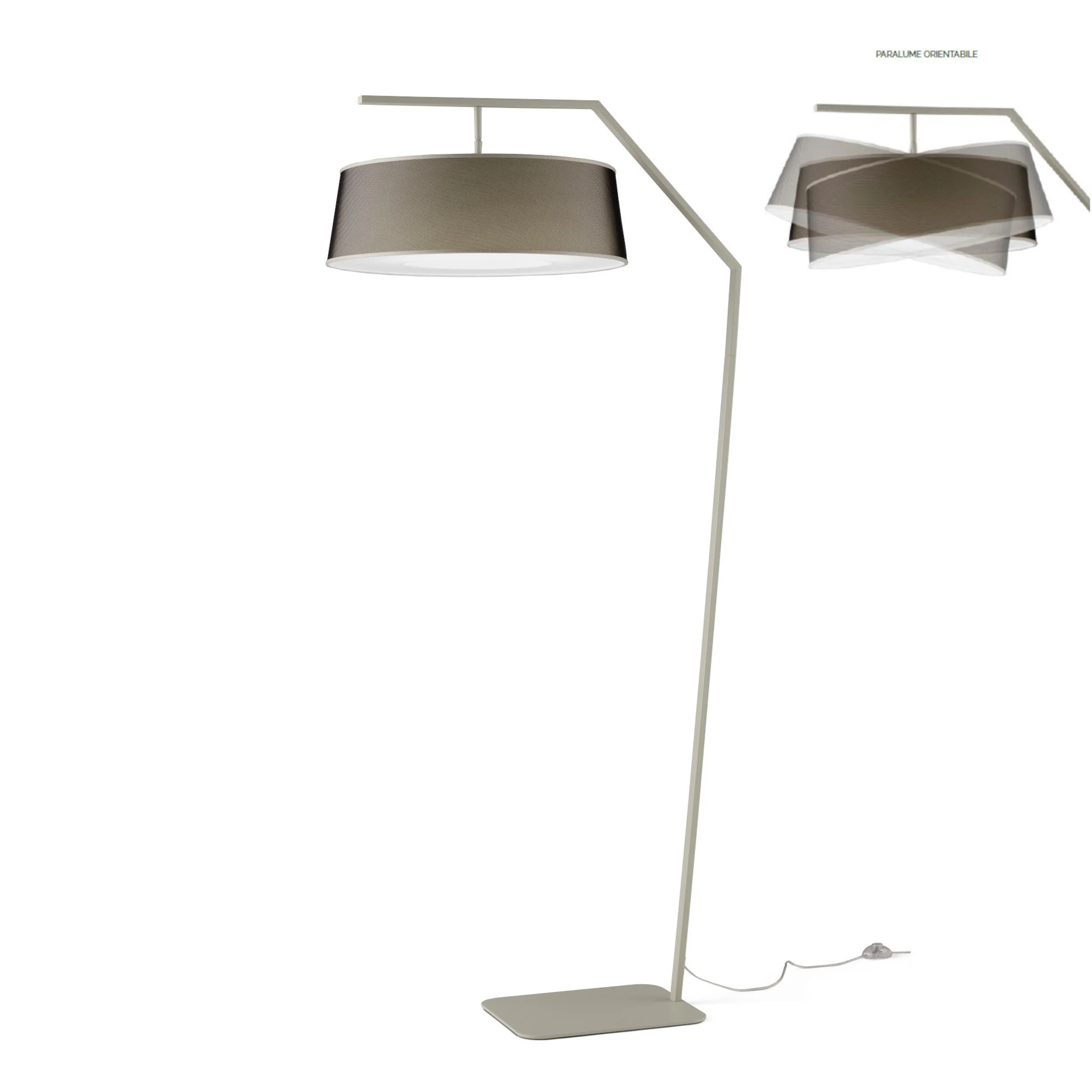 Lampada piantana da Terra Struttura in acciaio verniciato Grigio Chiaro URBAN Dimensioni 87xh 188 cm - 10,5 kg Paralume orientabile in Micro rete nera