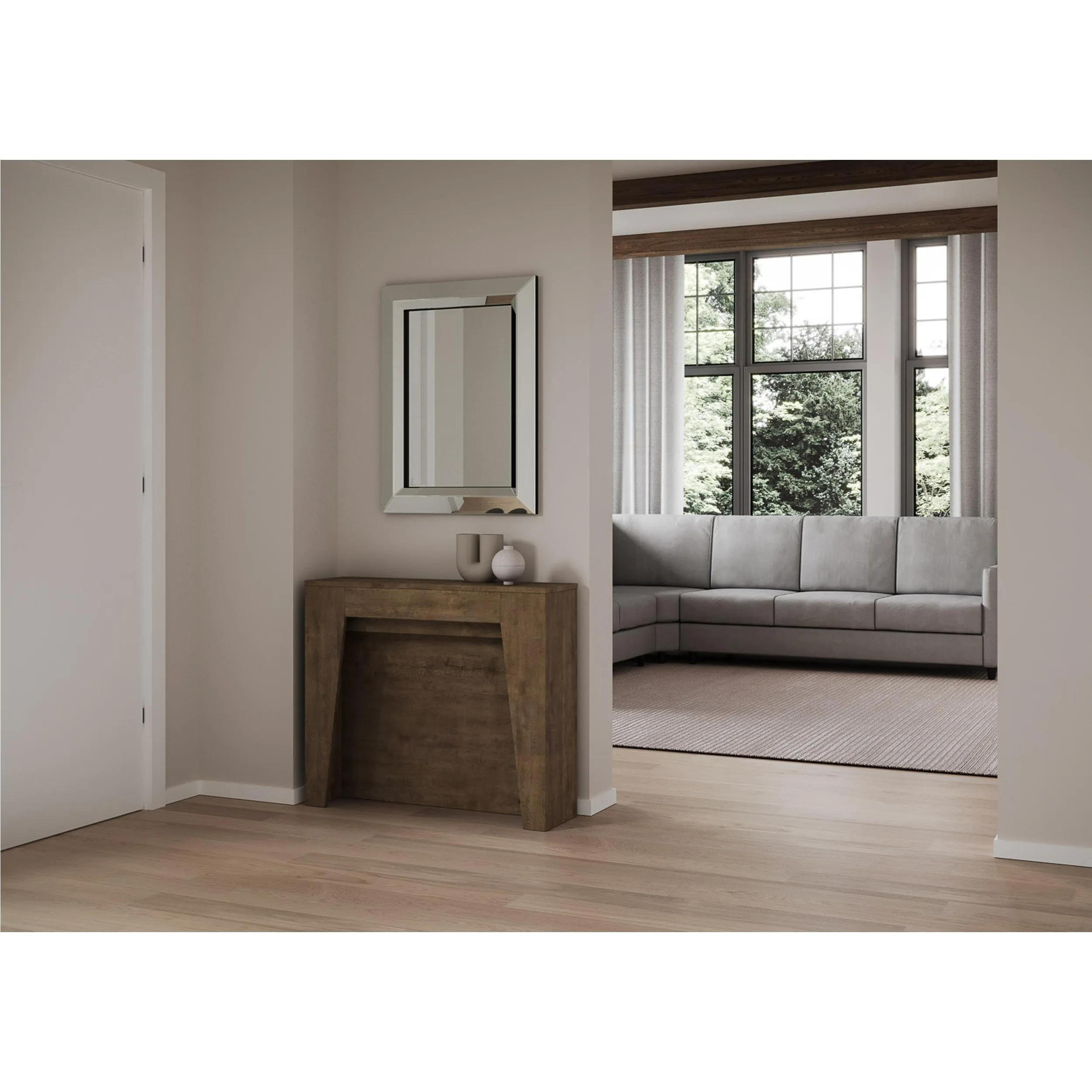 Consolle Allungabile con 4 allunghe ANEA 90x48xh77 cm estensibile fino a 211 cm Allunghe all'interno tutto in legno di Frassino colore Noce