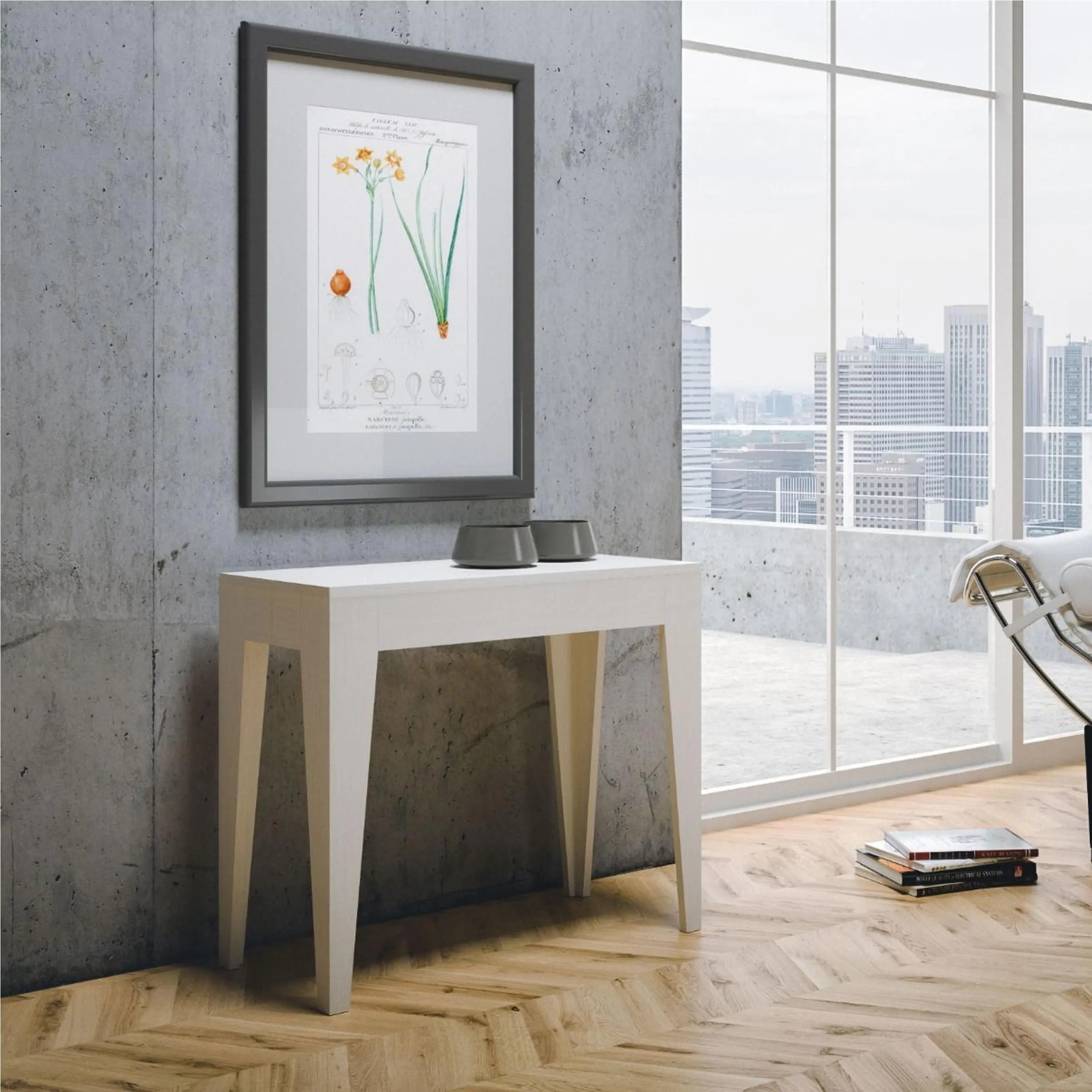 Tavolo Consolle Allungabile ISOTTA Small Bianco Allungabile fino a 198 cm con tre elementi da 52 cm, tutto in legno di Frassino 90x42xh77 cm colore bianco