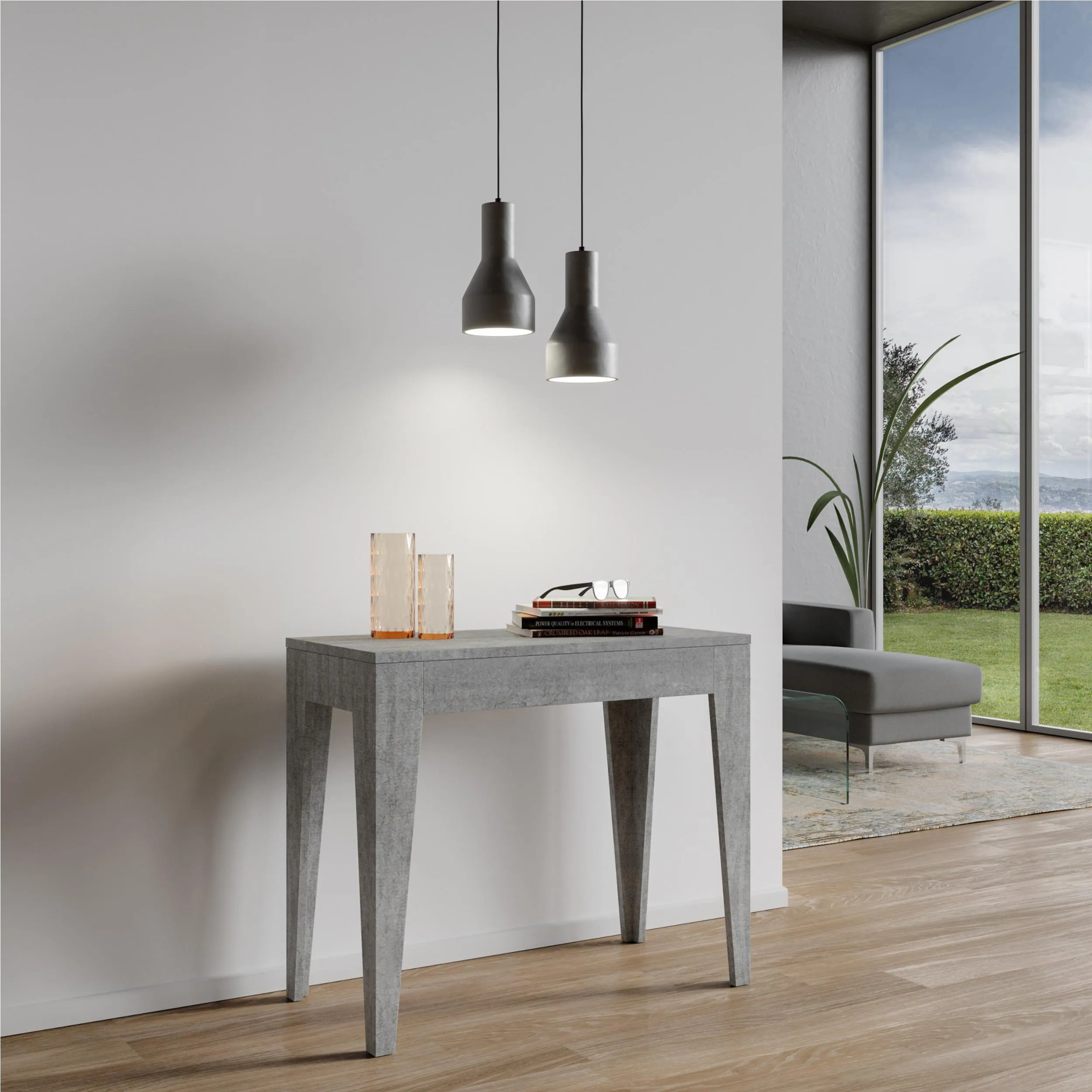 Tavolo Consolle Allungabile ISOTTA Small Cemento Allungabile fino a 198 cm con tre elementi da 52 cm, tutto in legno di Frassino 90x42xh77 cm colore cemento