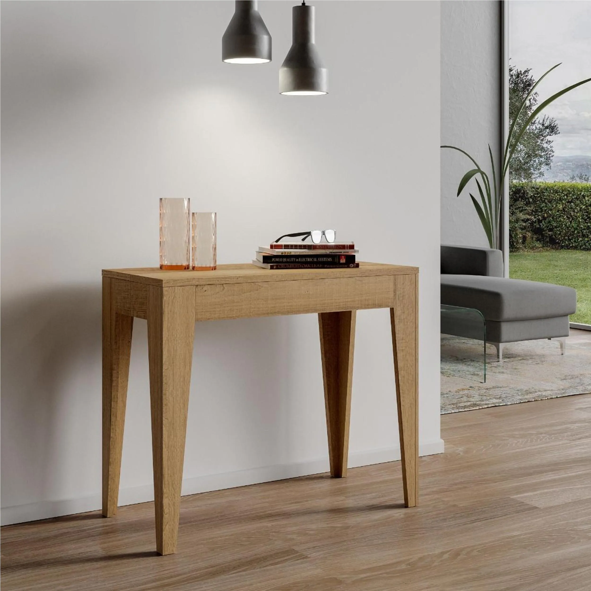 Tavolo Consolle Allungabile ISOTTA Small Quercia Natura Allungabile fino a 198 cm con tre elementi da 52 cm, tutto in legno di Frassino 90x42xh77 cm colore Quercia Natura