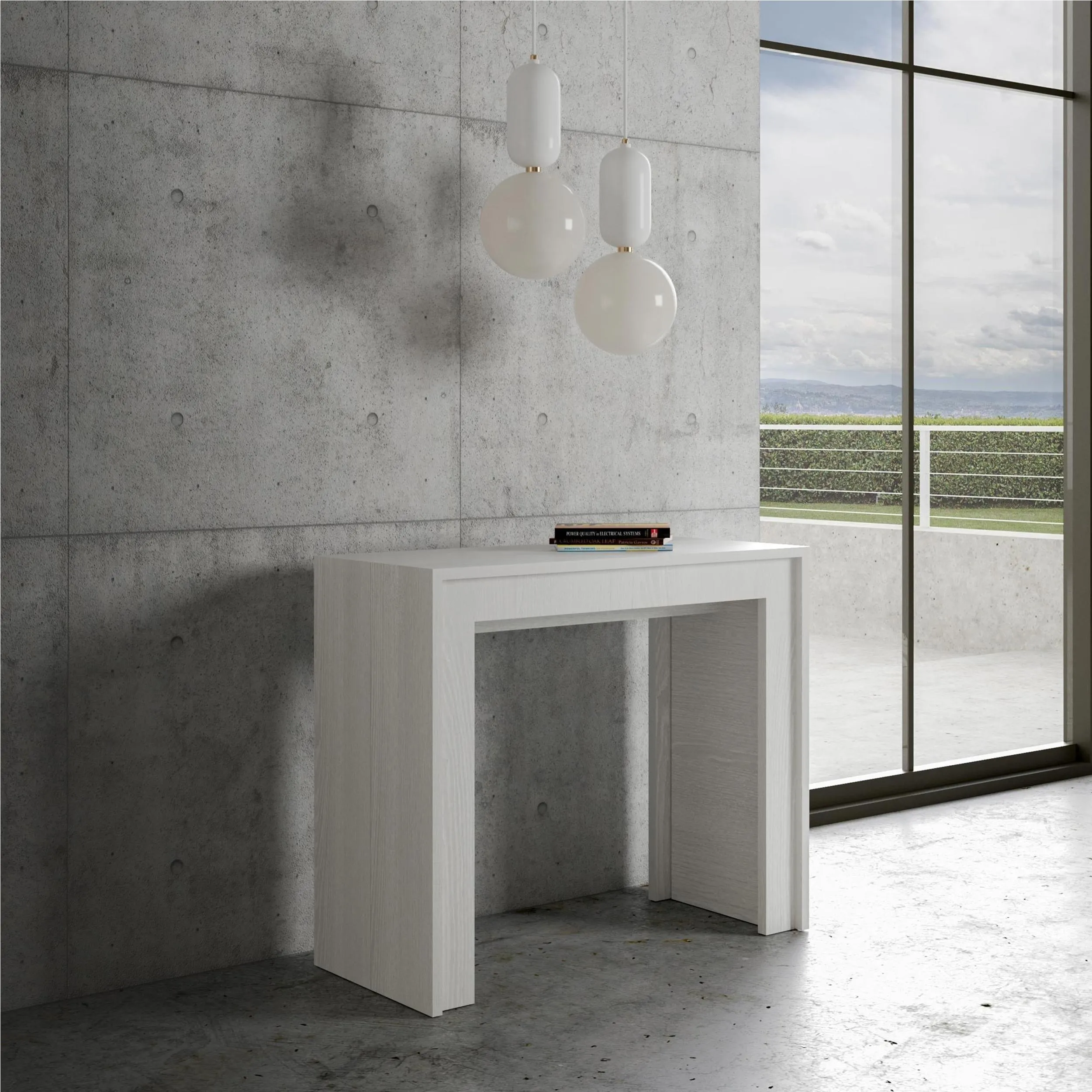 Consolle salvaspazio allungabile Mia Small Bianco Allungabile fino a 198 cm con tre elementi da 52 cm, tutto in legno di Frassino 90x42xh78 cm colore bianco